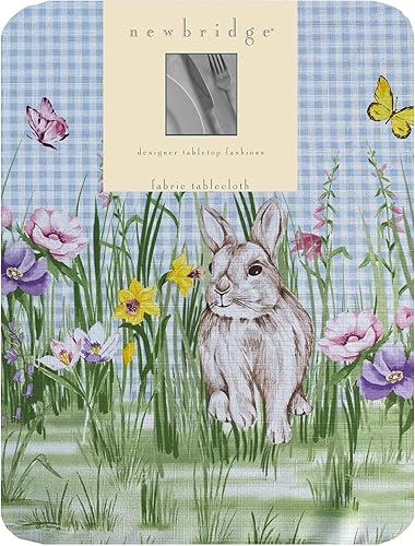 Miniatura 2 de Manteles Newbridge con diseño de Pascua, primavera, prado y conejos bordados, adorable tela de mantel con conejos y de color azul, con estampado a