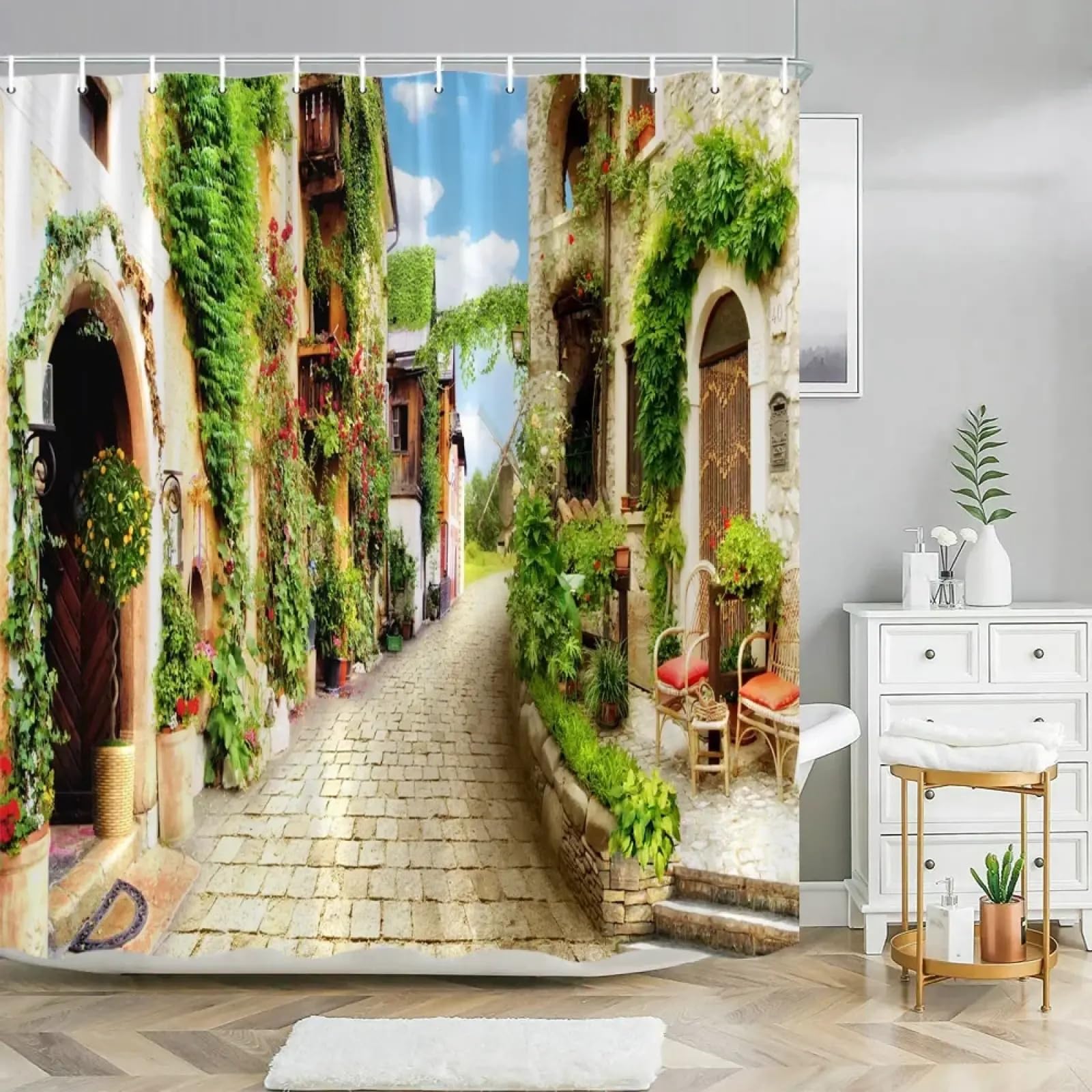 JGGXHM Extra Long Shower Curtains for Bathroom, Rustic Wooden Door and Flowers Polyester Fabric Shower Curtains Bathroom Decor 48x87in-123x220cm/WxH fabric shower curtain