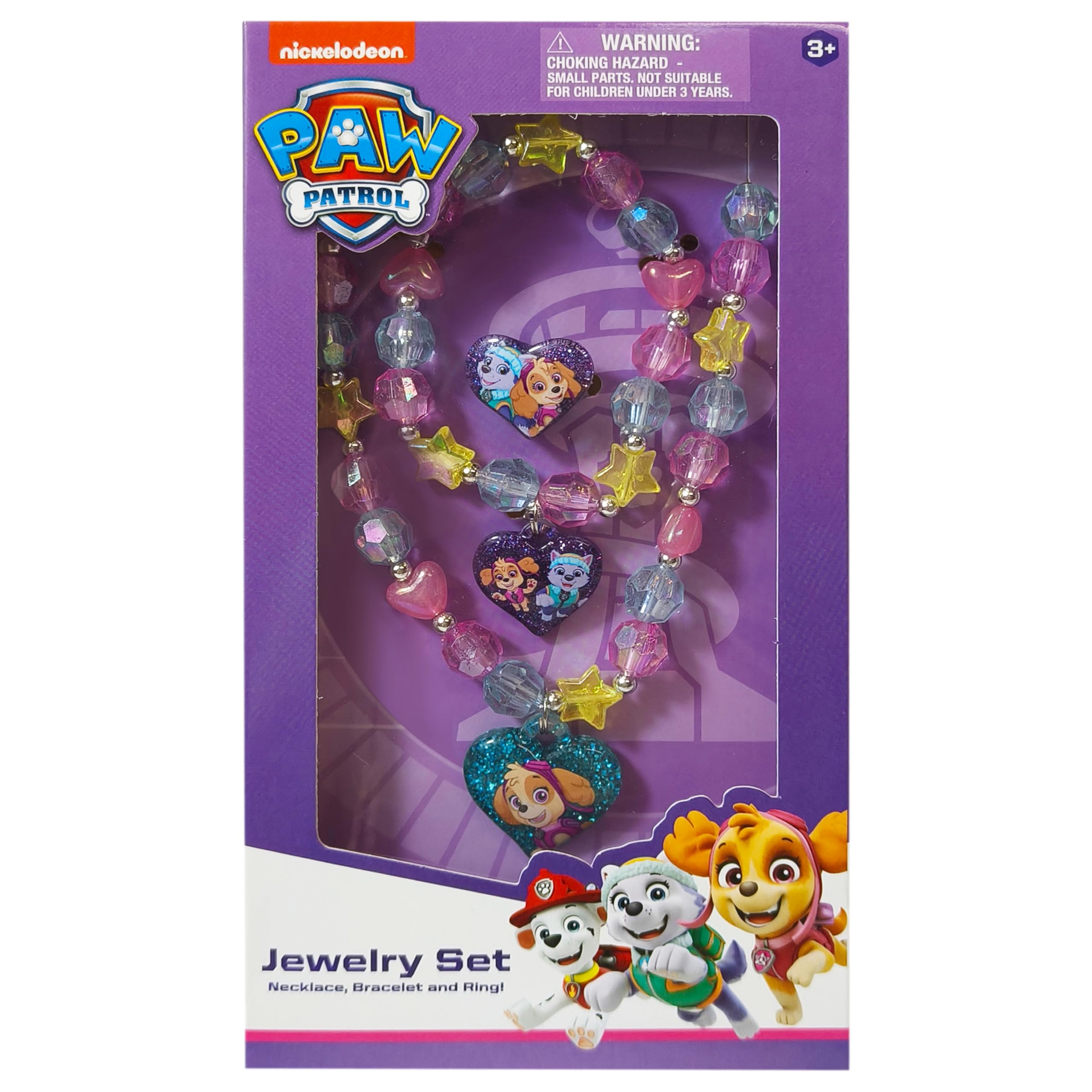 LUV HER Paw Patrol Girl's Jewelry Set - Dress up 3 Piece Toy Jewelry Box Set with Bead Necklace, Bracelet and Ring - Play Accessories - Ages 3+