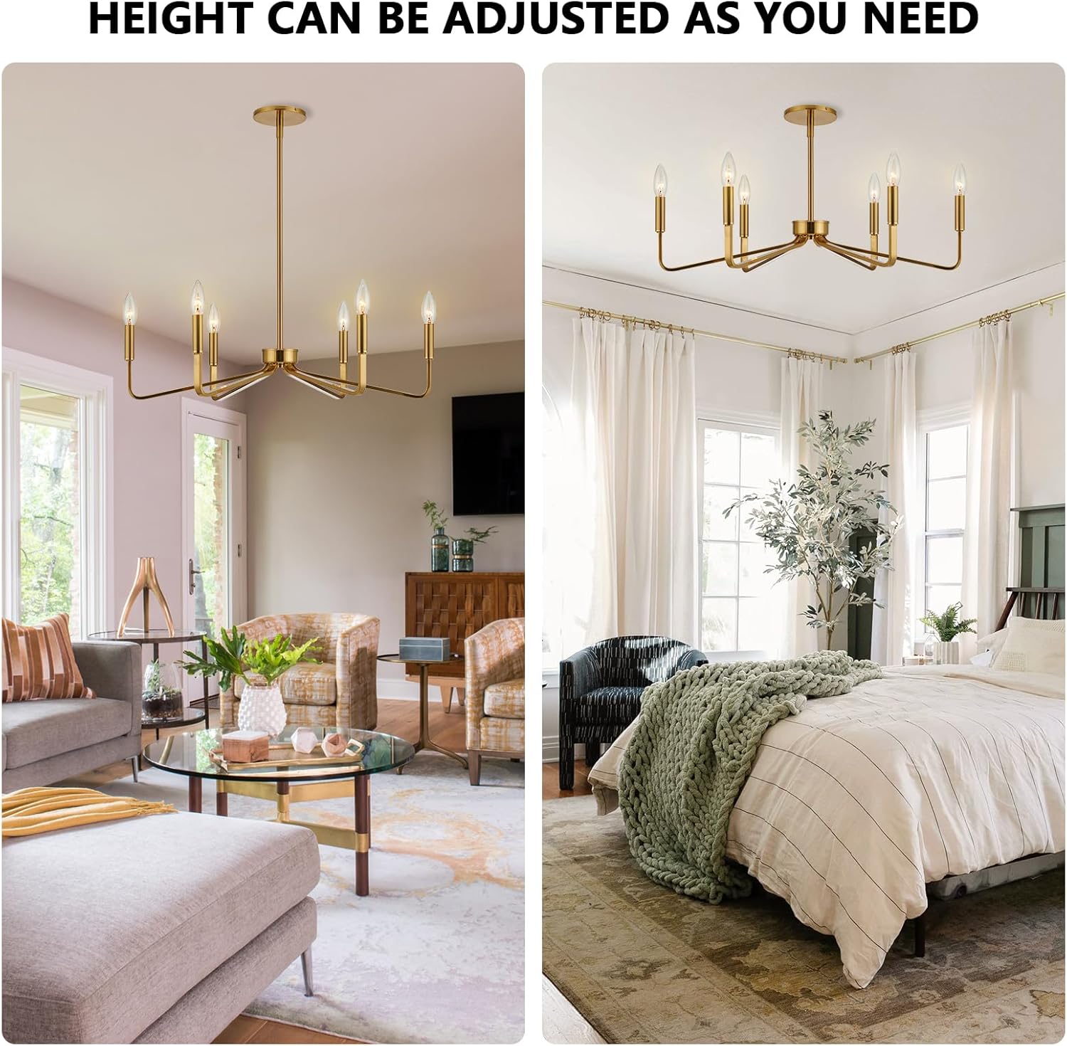 Gold Farmhouse Chandeliers for Dining Room, 6-Light Modern Chandelier Light Fixture, Brushed Brass Industrial Candle Lighting Hanging Ceiling for Living Room Bar Kitchen Island Lights