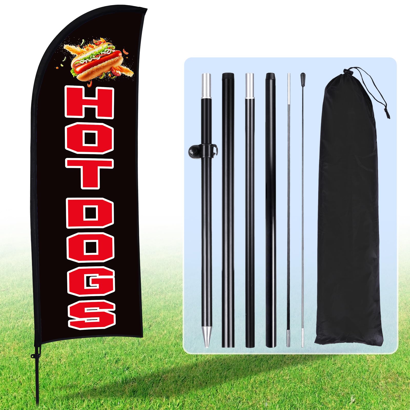 Buryeah Hot Dogs Feather Flag Kit Hot Dogs Swooper Flag with Pole Ground Stake and Portable Bag 7 ft Sign for Business Restaurant Advertising Business