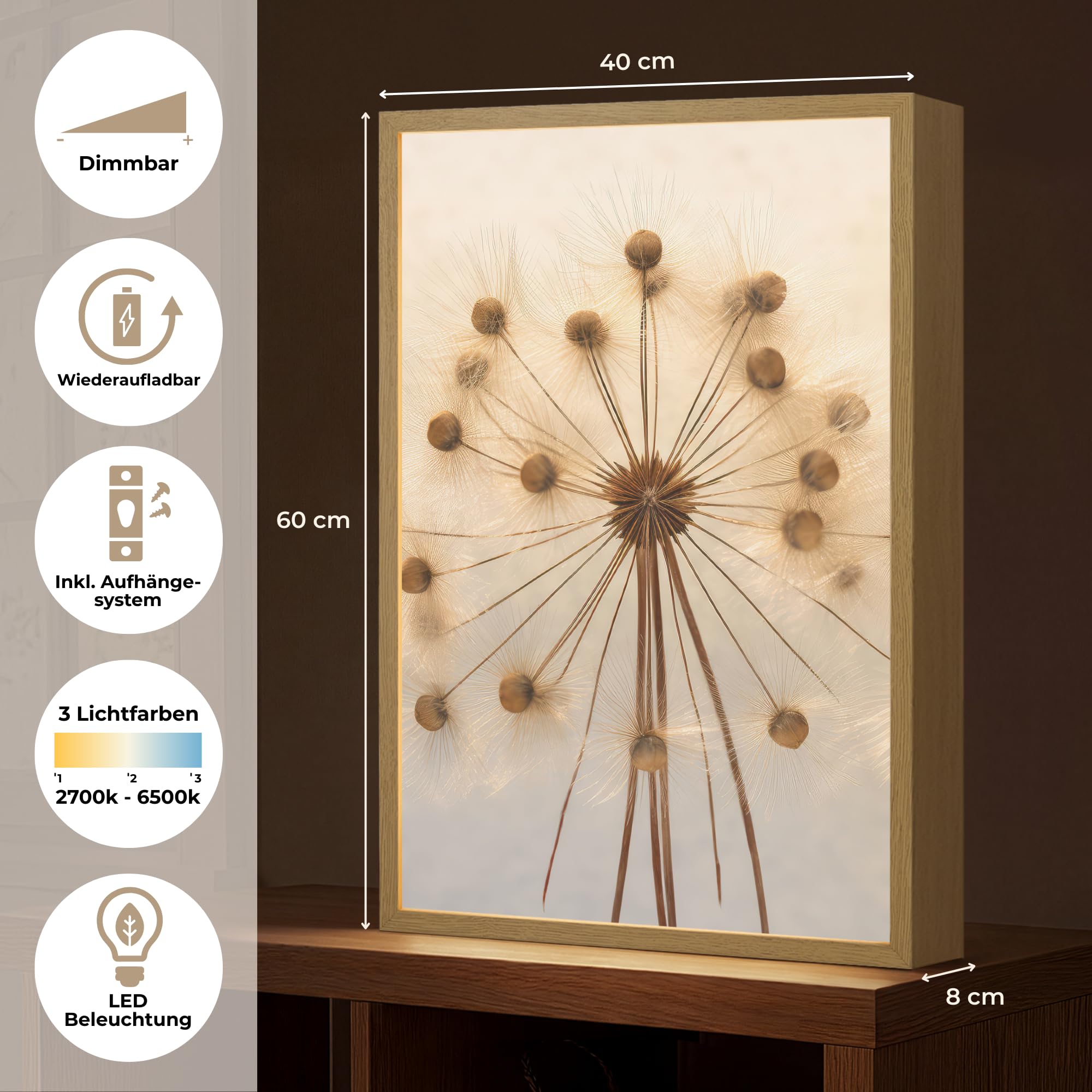 Wandlampe Innen LED Wand Lampe 40x60 cm Aufladbar Wandlichter Dimmbar Wandlampen Schlafzimmer Beleuchtung Leuchte Indoor Wall Light Blumen - Braun - Pflanzen - Botanisch