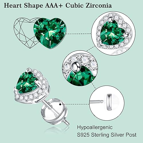 Miniatura 4 de Aretes de corazón para mujeres y niñas, aretes de plata de ley S925 con forma de corazón, aretes de piedra natal brillante para mujeres y niñas,