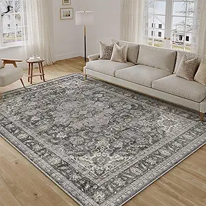 6x9 Washable Black Grey Vintage Area Rug for Living Room Bedroom Traditional Low Pile Carpet Non-Slip Retro Distressed Accent Vacuumable Throw Rug for Dining Room Office