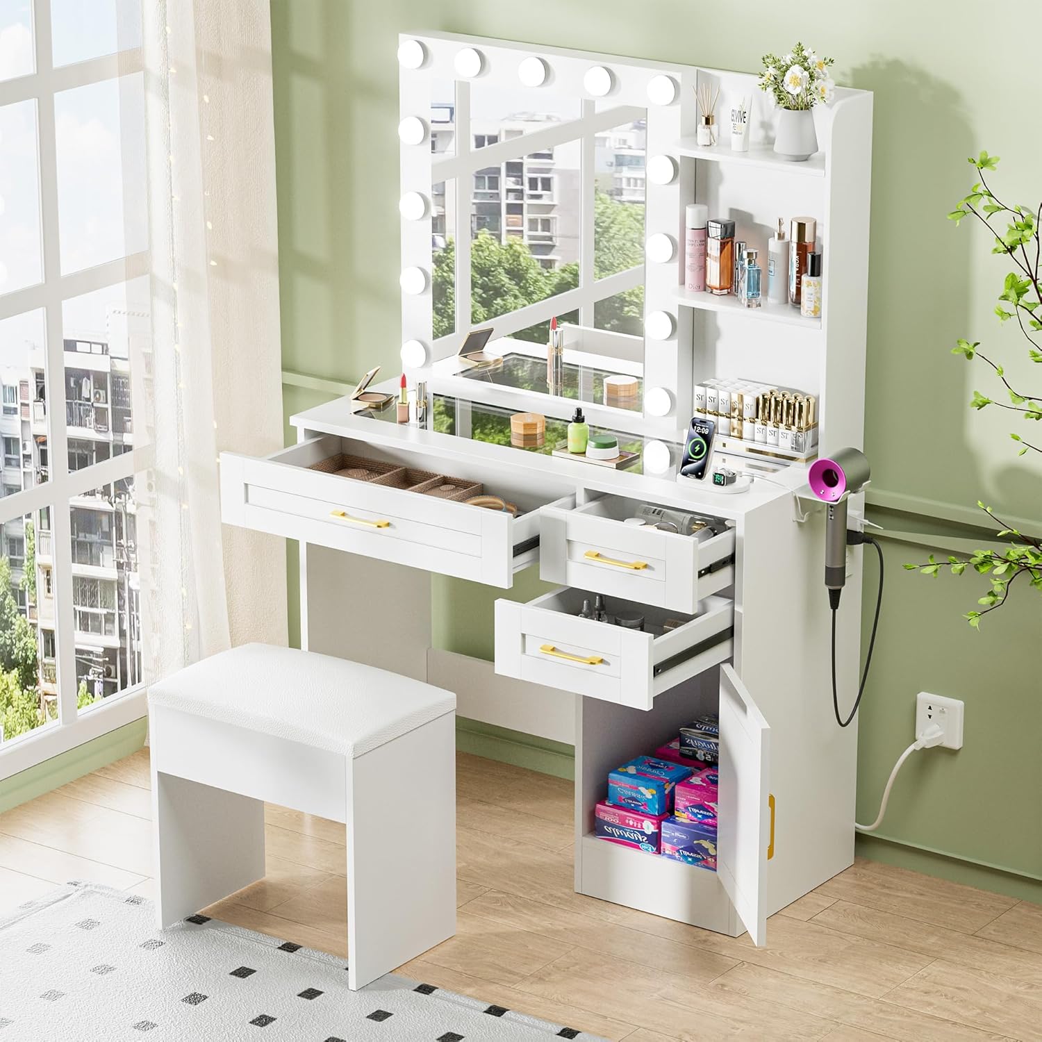 Farmhouse Vanity Desk with Mirror and Lights, White Vanity Table Set with Power Outlet, 13 Bulbs with Adjustable Brightness, Cabinet, Open Shelf, Makeup Desk with Storage Stool for Girls Bedroom