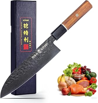 Kitory 7 Santoku Knife, Black Stonewashed High-Carbon Steel Japanese Kitchen Knife, Hand Forged Ultra Sharp Asian Chef Knife with Ergonomic Wood Handle and Gift Box