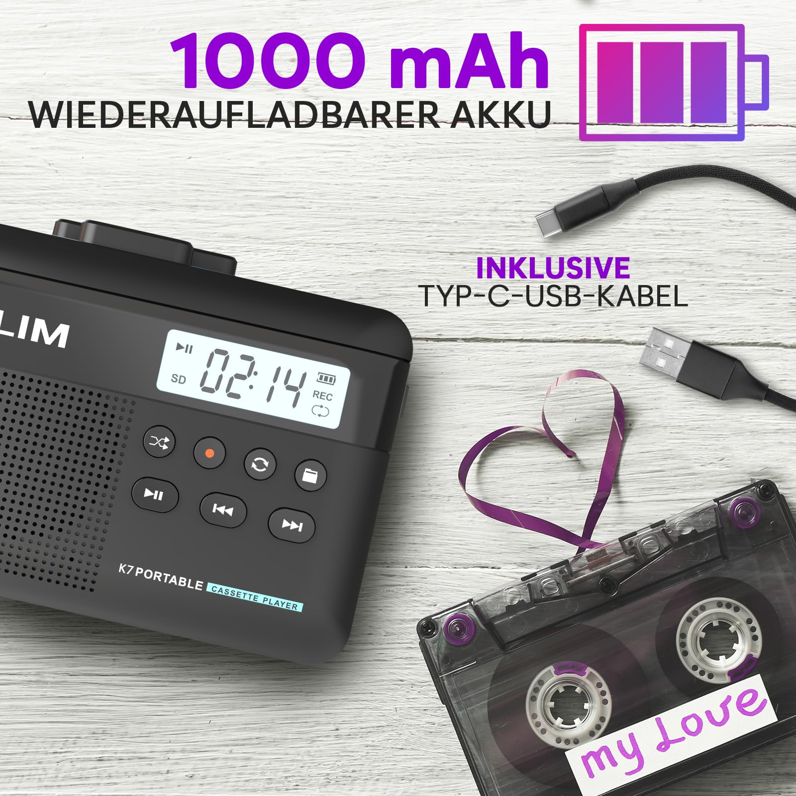 KLIM K7 Kassettenspieler, Kassettenrecorder & MP3 Konverter, Tragbare Kassettenspieler mit integriertem Mikrofon & Lautsprecher, Wiederaufladbar über USB – Inkl. Ohrhörer – 32 GB SD-Karte - Schwarz