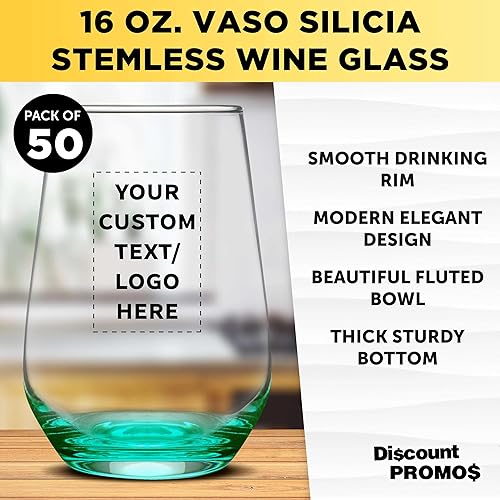 Miniatura 3 de DISCOUNT PROMOS Silicia - Juego de 50 copas de vino sin tallo, 16 onzas, texto personalizado, logotipo, transparente, similar a un orbo, base