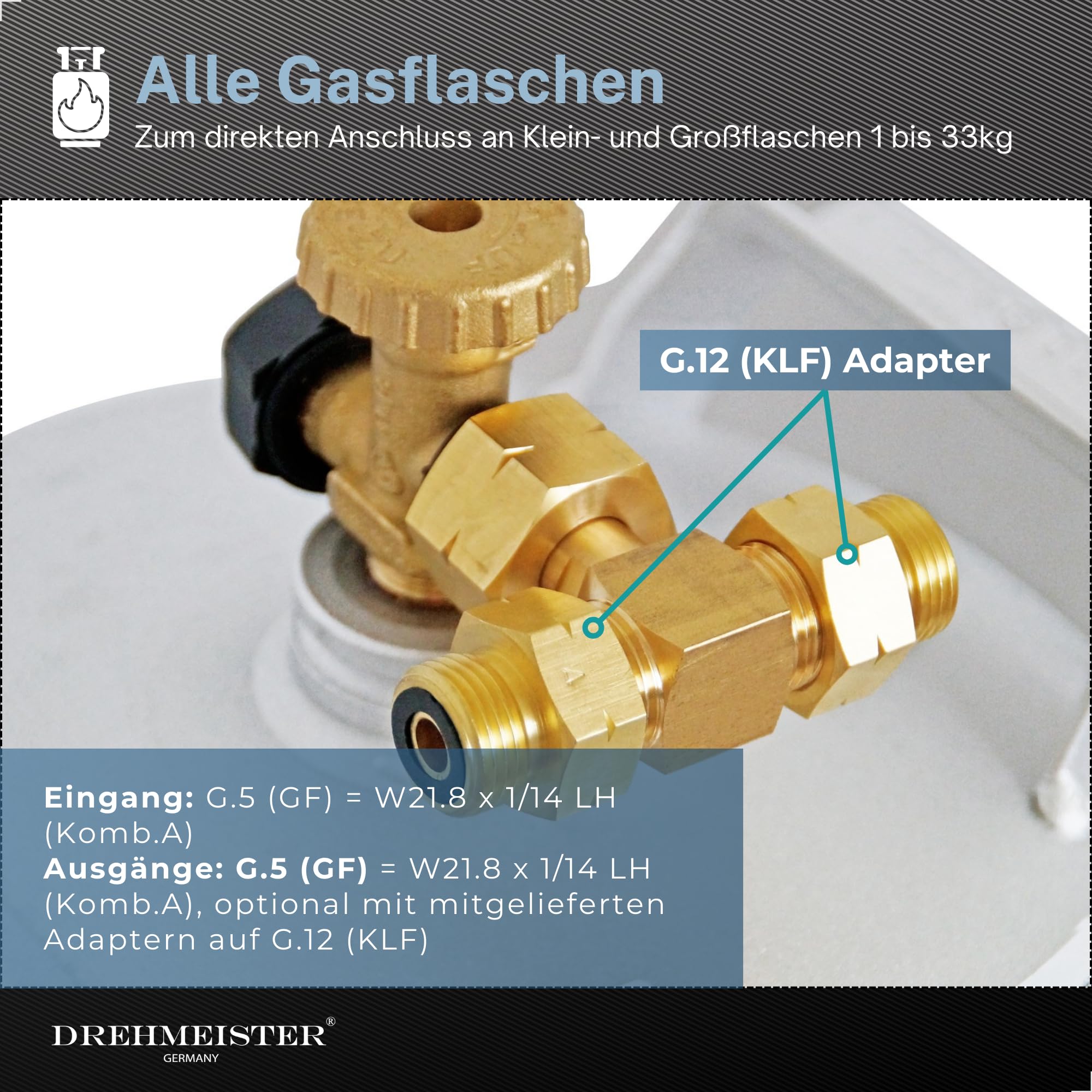 LPG T-Stück Adapter für alle Regler G.5 auf G.12 – Anschluss für 2 Gasflaschen oder Druckregler – Messing Verteiler für Großflasche W21.8 x 1/14 LH