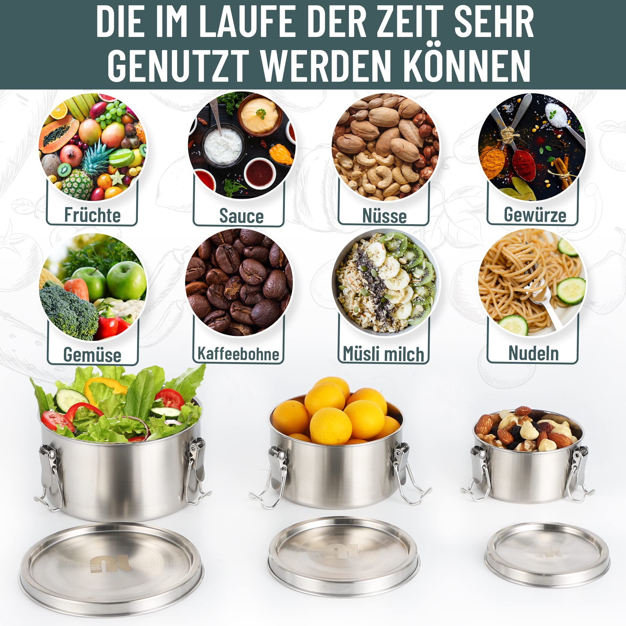 nicelock Brotdose Edelstahl(3 Stück) Erwachsenen Lebensmittelbehälter Kinder Lunchbox Edelstahl Klein Rund Dosen Geeignet für Snacks Obst, Müsli, Suppen und Hauptmahlzeiten etc.