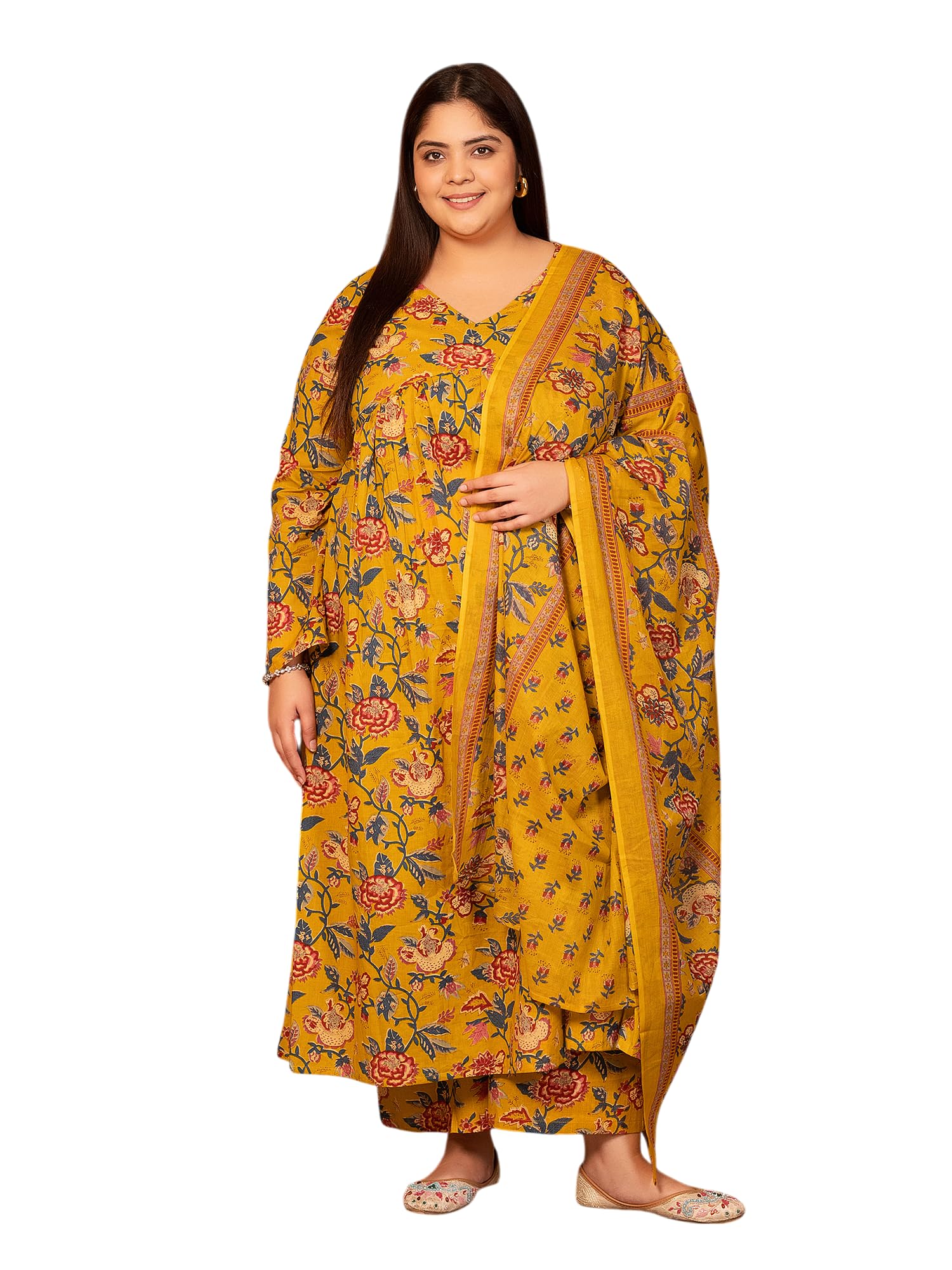 MEERA FAB Women's Cotton Blend V-Neck Plus Size Anarkali Printed Kurta with Palazzo & Dupatta