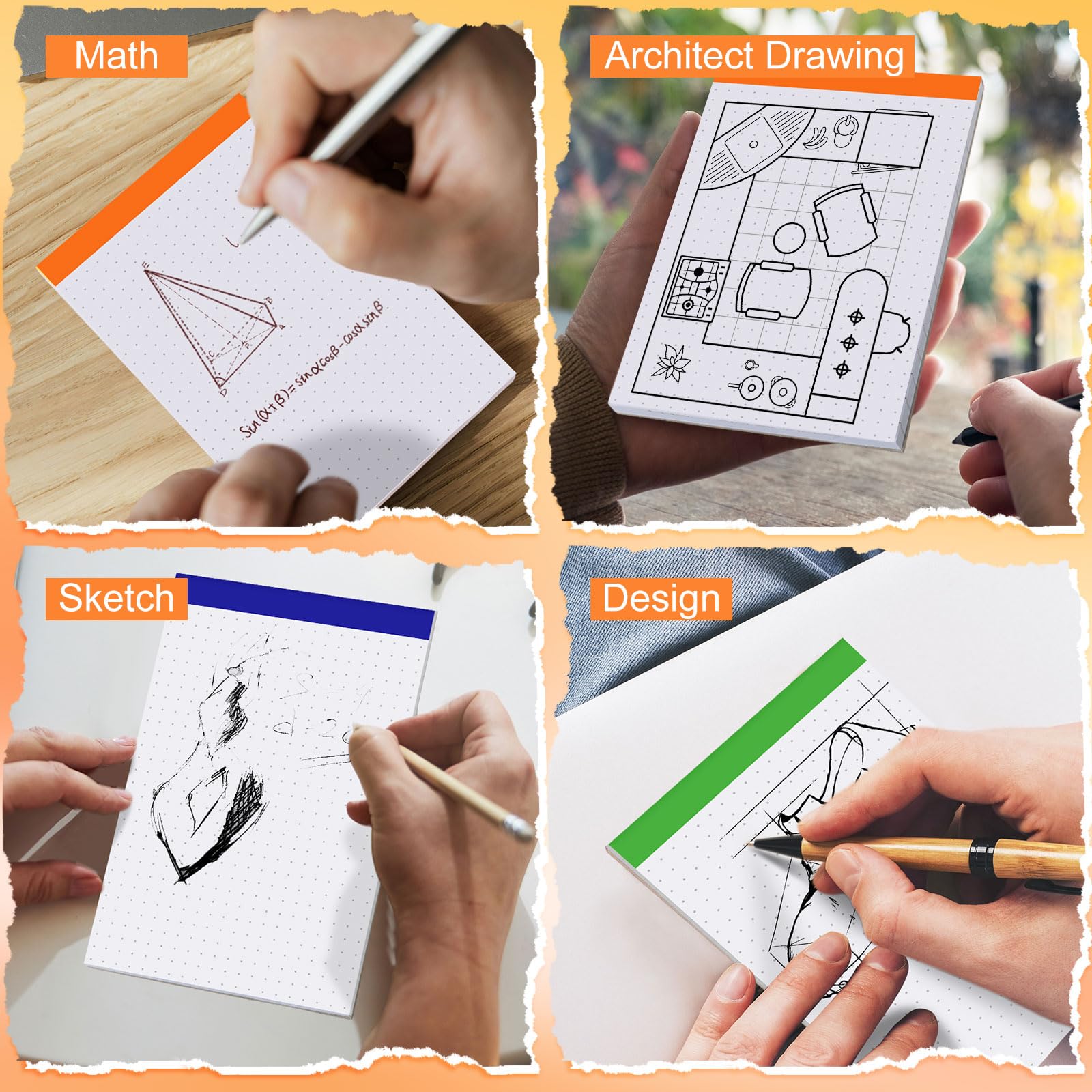 Tenceur 8 Stück Gitterpapierblock, 10,2 x 15,2 cm, Graftpapier, 30 Blatt, kariert, liniert, Notizblöcke, Notizblöcke, Mathematikraster, Notizblock, Kratzblöcke, verschiedene Farben (Punktraster)