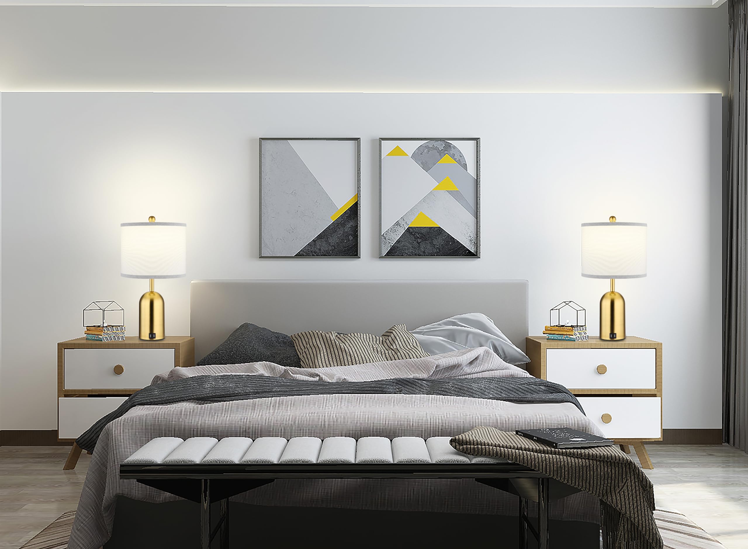 Ldeco Touch Dimmer Table Lamp for Bedroom,Bedside Lamp with USB Port Elegant Nightstand Lamp with Fabric Shade,Gold Modern Desk Lamp for Living Room,Office,Bulb incl.