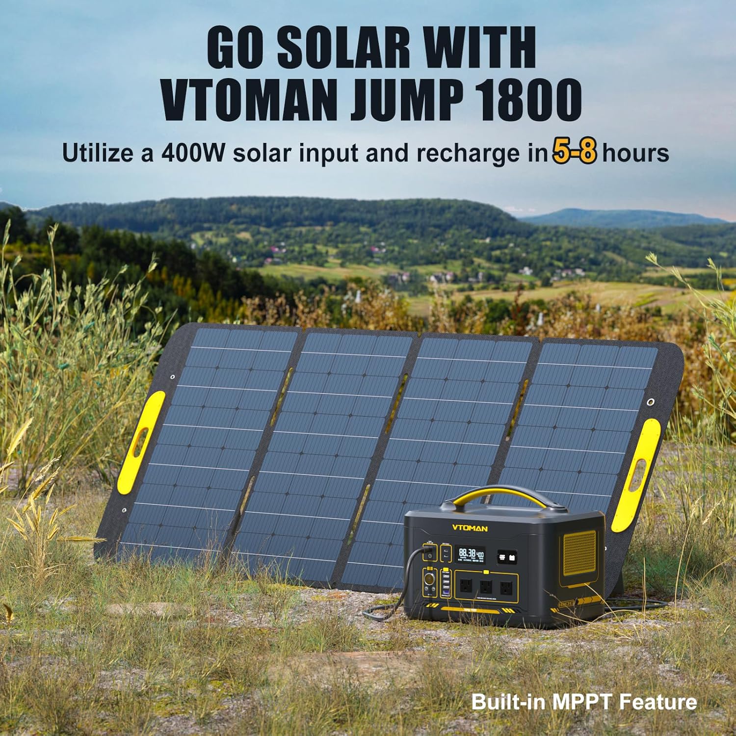 Image of the VTOMAN 200W solar panel deployed in an outdoor setting, charging the power station.