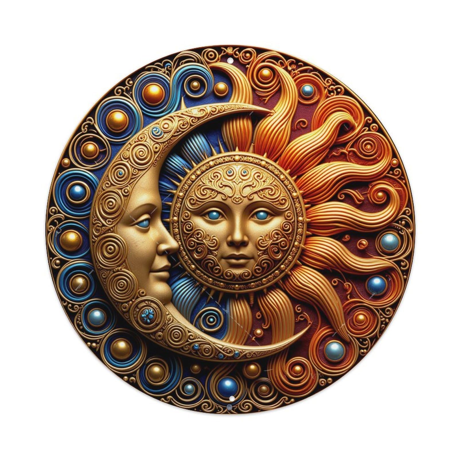 Sun And Moon Faces Pattern Round Metal Tin Sign Vintage Wall Decor, Bar Garage Cafe Kitchen Home Wall Art Poster 8x8inches