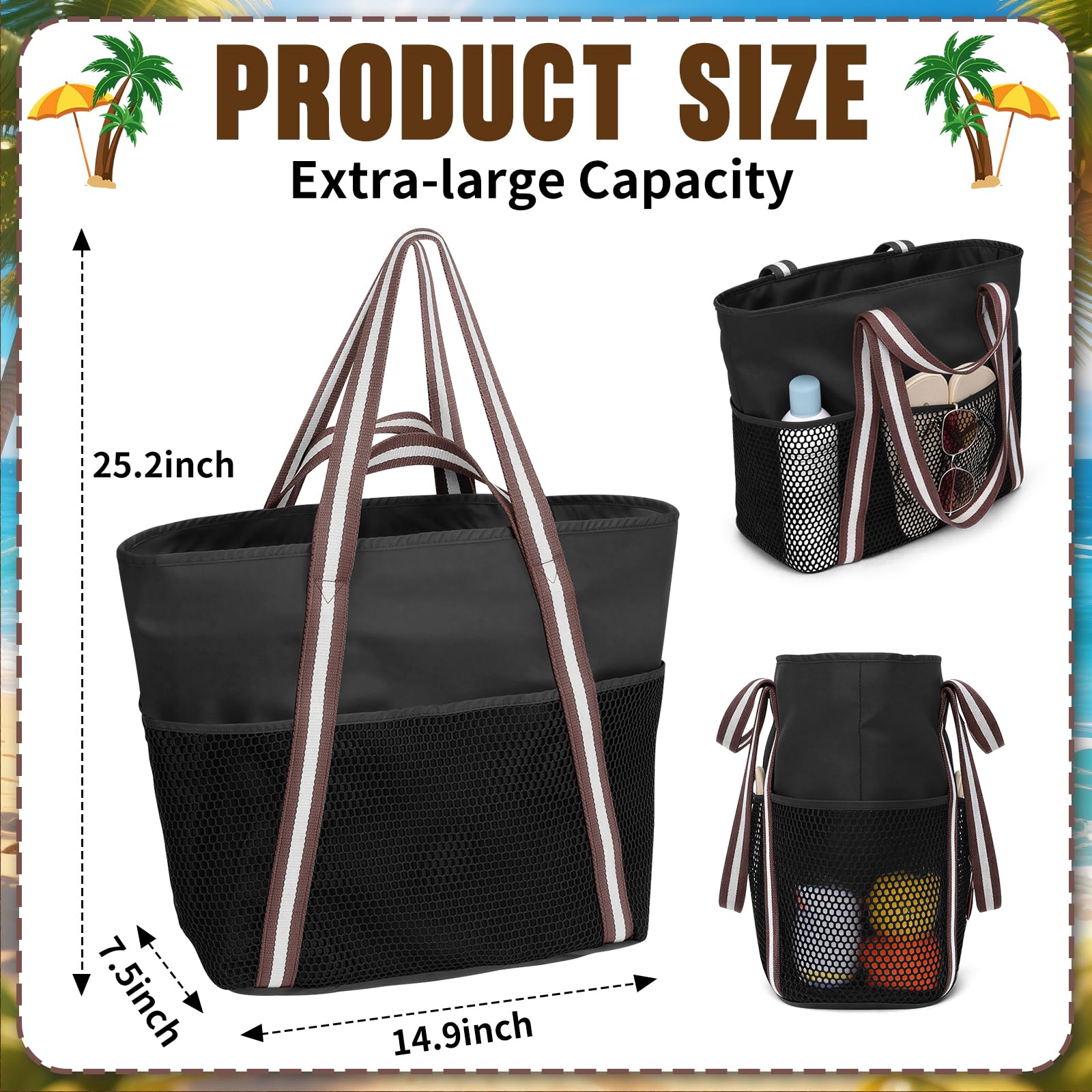 Bolsa de playa para mujer, bolsa de playa con cremallera, bolsa de playa grande XXL, bolsa de transporte para familia, bolsa impermeable para piscina, bolsa de playa plegable
