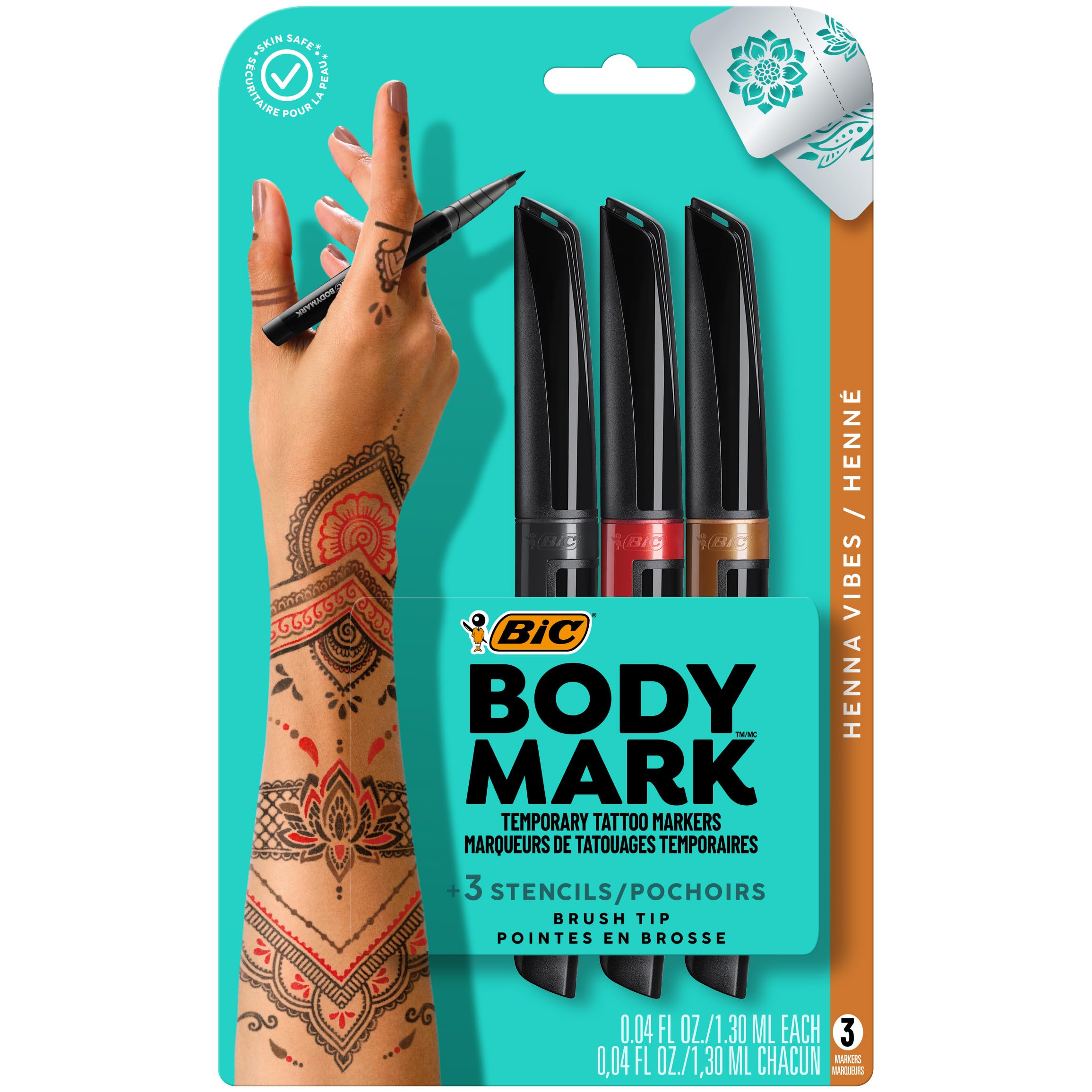 BodymarkTemporary Tattoo Markers for Skin, Henna Vibes, Flexible Brush Tip, 3-Count Pack of Assorted Colors, Skin-Safe*, Cosmetic Quality