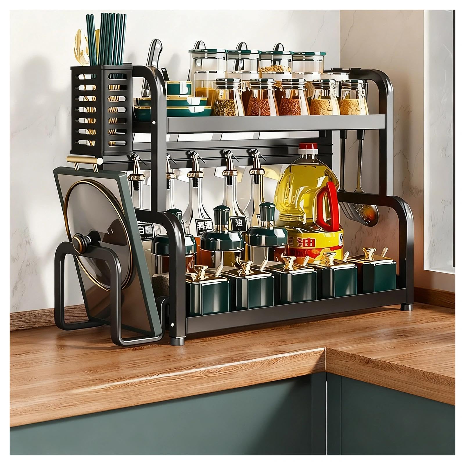 HADECOLL Sturdy Rust-Free Metal Spice Rack With Knife Holder, Freestanding Large Spice Tray With Hooks And Utensil Holder, For Kitchen Counter, Office, Living Room,Black-2 Tier-15.7in