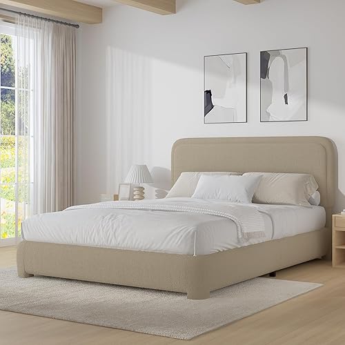 BarnFurin Cloud Boucle - Base de cama de tamaño matrimonial, plataforma tapizada con cabecero, esquinas redondeadas suaves, no requiere somier,