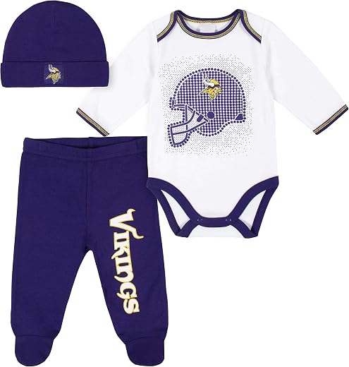 NFL Minnesota Vikings 3 Pack Bodysuit Footed Pant and Cap Registry Gift Set, Purple/White Minnesota Vikings, 0-3M