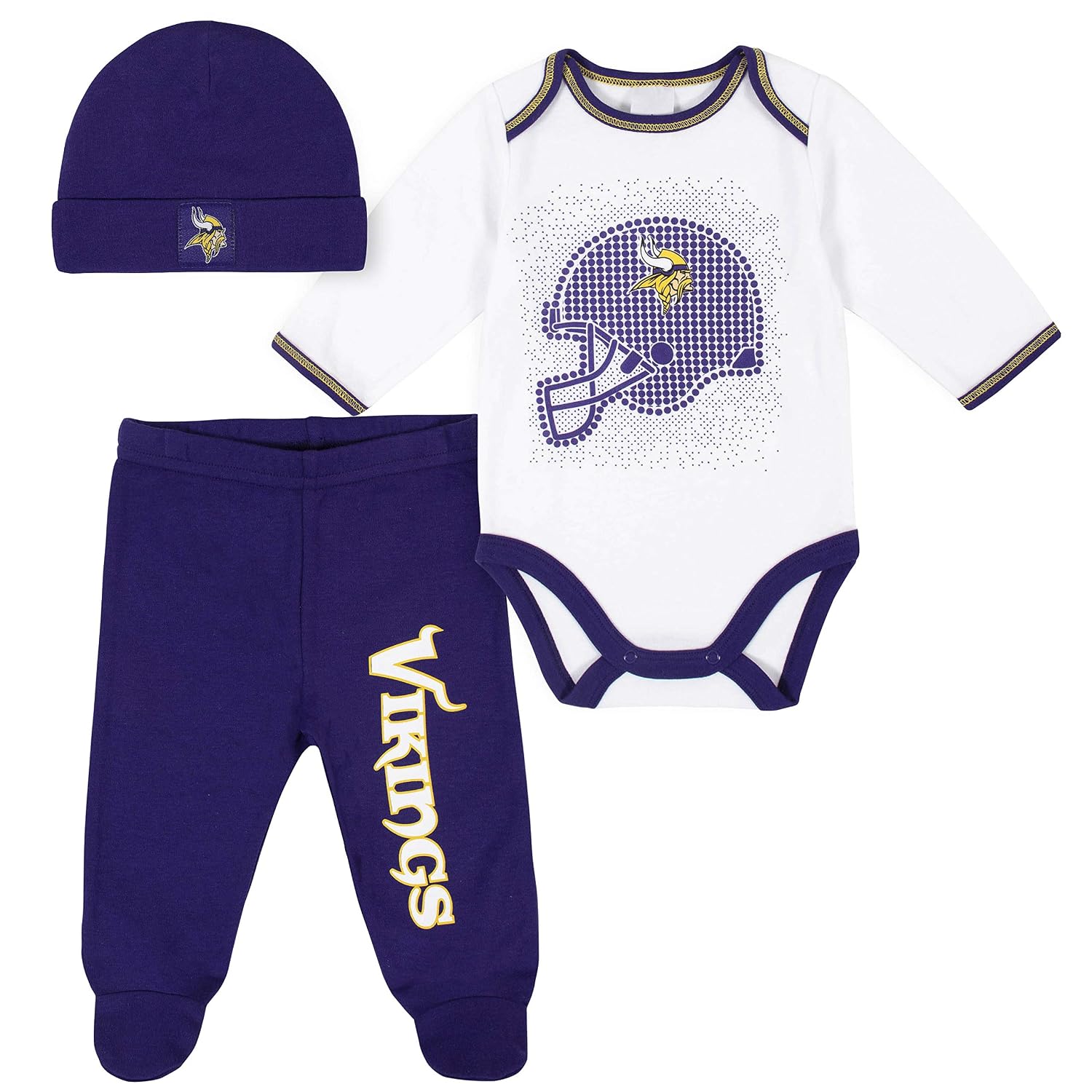 NFL Minnesota Vikings 3 Pack Bodysuit Footed Pant and Cap Registry Gift Set, Purple/White Minnesota Vikings, 0-3M - Review, Price and Buying Guide
