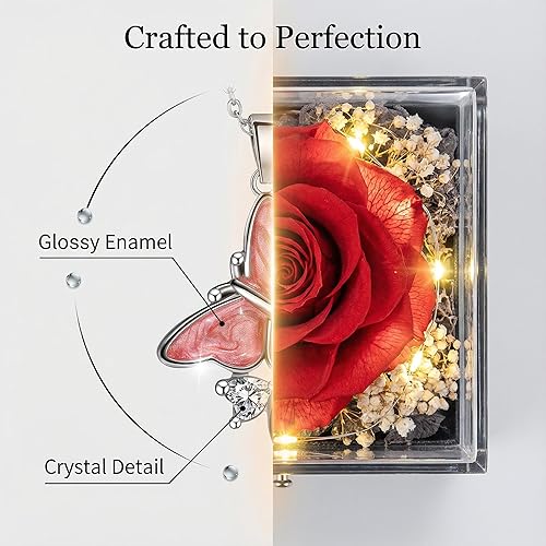 Miniatura 6 de DRTINA Rosa real preservada con collar de mariposa I Love You, flores eternas, regalos de cumpleaños para mujeres, esposa, mamá, novia, abuela en el