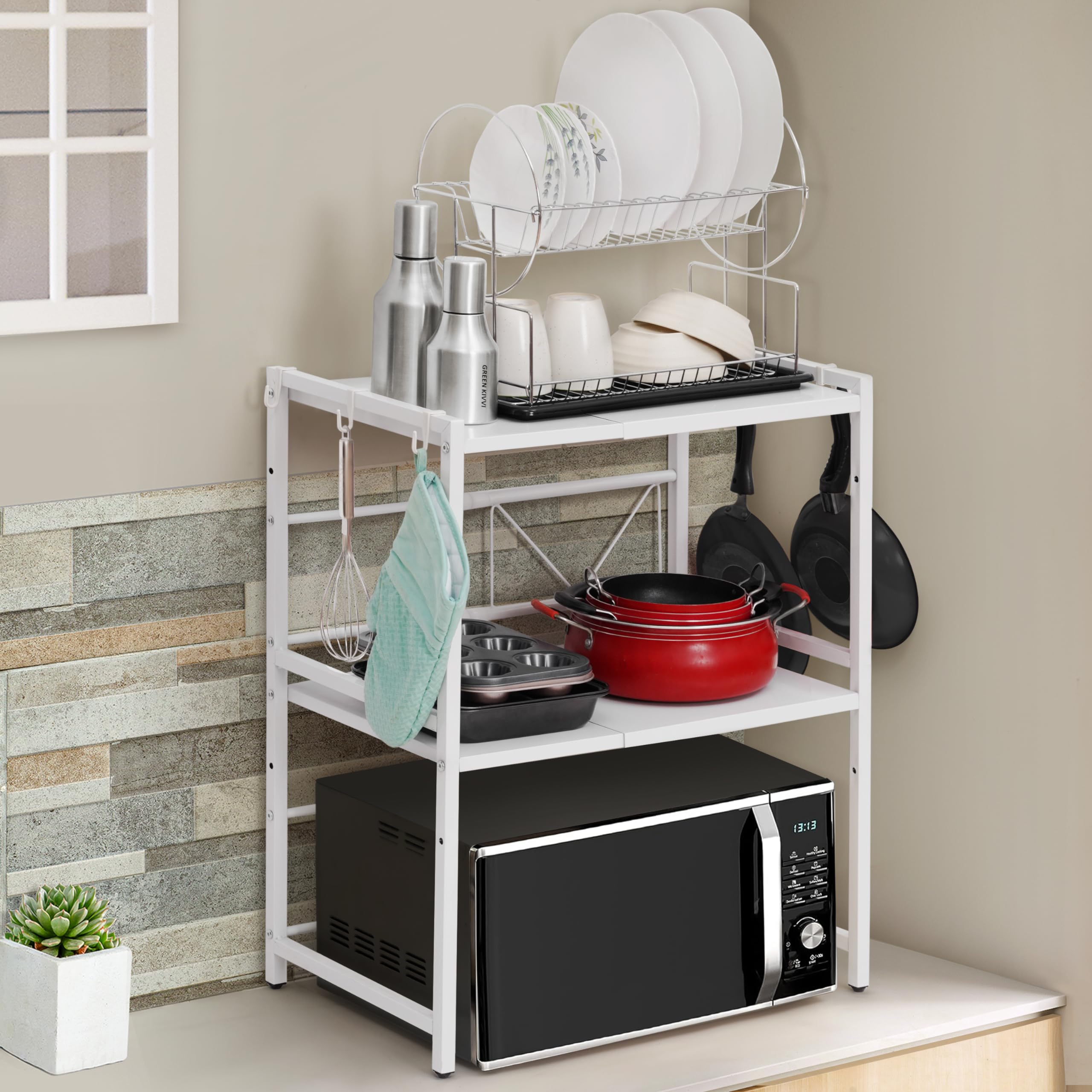 ABOUT SPACE Iron Kitchen Storage Rack -2Tier Exp&able&Height Adjustable Microwave St& with Hooks-Oven St& for Kitchen Platform-OTG St&-Countertop Microwave Oven Rack White-L64.5 X B36.5 X H77 Cm