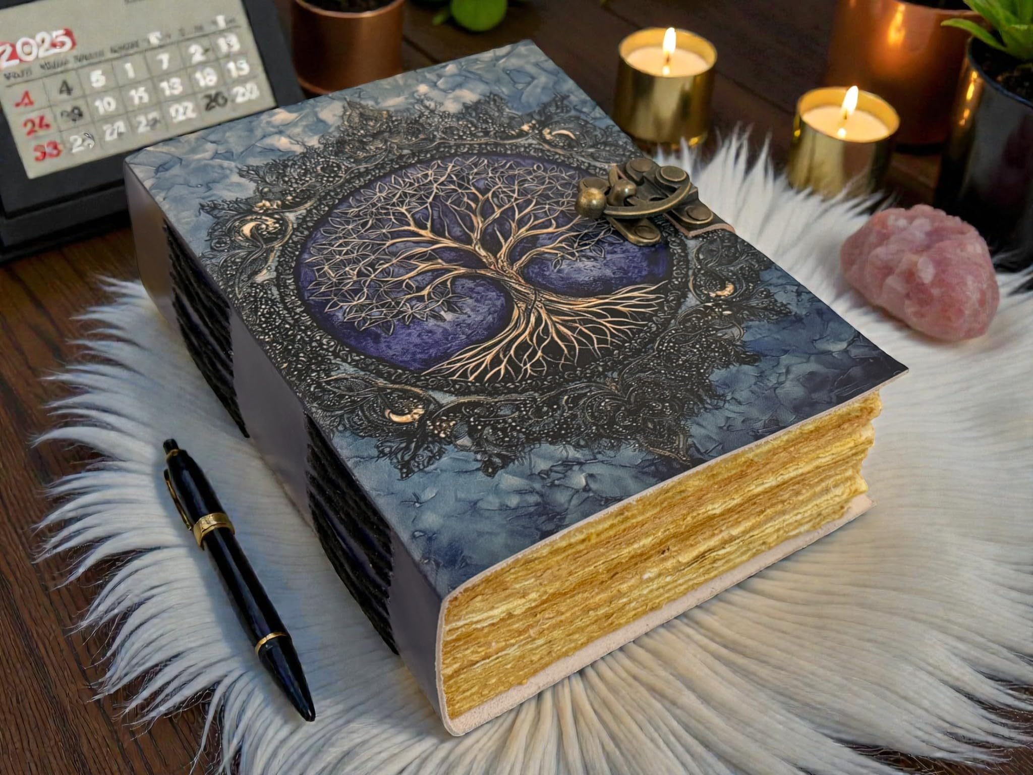 Diario de cuero del árbol de la vida, cuaderno de escritura vintage hecho a mano con papel antiguo con borde de cubierta, libro de sombras Grimoire, cuaderno de bocetos rústico para hombres y mujeres