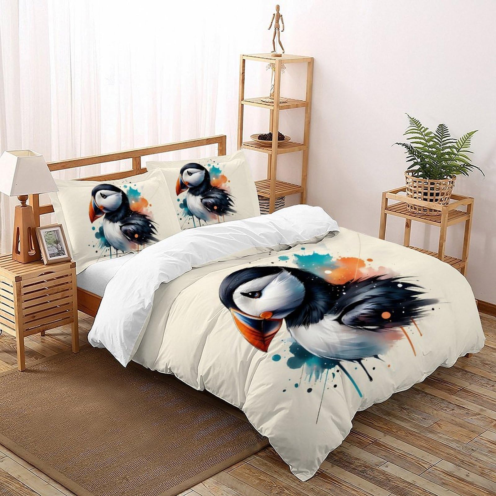 Shoverkd Watercolor Puffin Artistry 3D Printed Quilt Cover Wild Animal Bedding Set 3 Pcs Luxury Microfiber With Pillowcases,Hidden Zipper For Kid Teens Double（200X200cm） Room Decor
