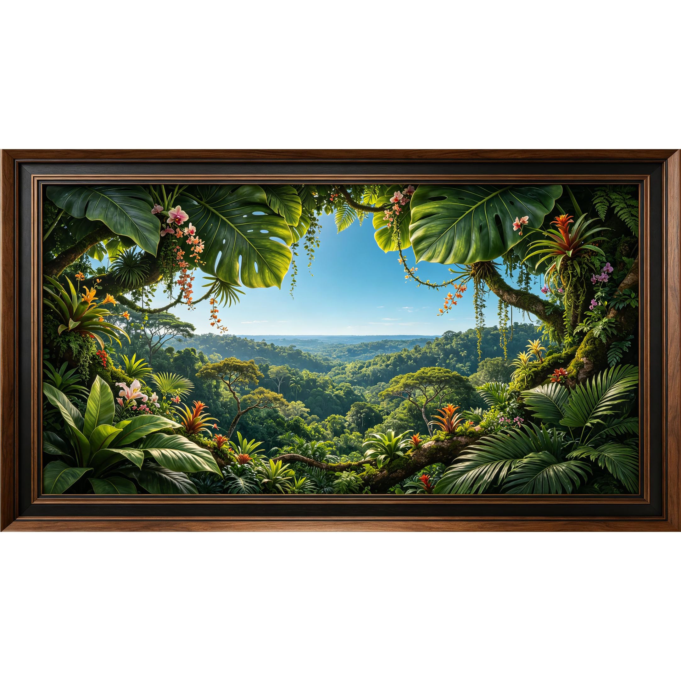 QZLITHOTIC 50×100cm 3D Framed Wall Art， Tropical Jungle Landscape Botanical Paradise Self?Adhesive Mural， Water?Activated Peel & Stick Fabric Decor Wall Decal for Bedroom Living Room