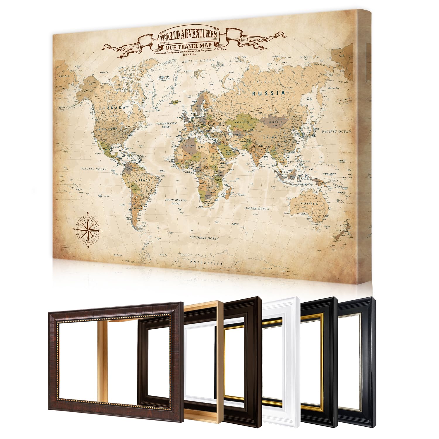 DECORARTS Personalized World Travel Map with Pins,Antique Canvas 40x30''