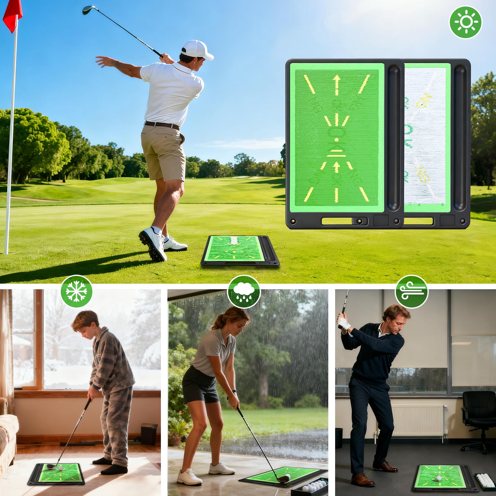 2-in-1 austauschbare Golf-Übungsmatte, Trainings- und Schlagmatte, analysiert Schwungweg und korrigiert die Schlaghaltung, rutschfeste Gummi-Unterseite