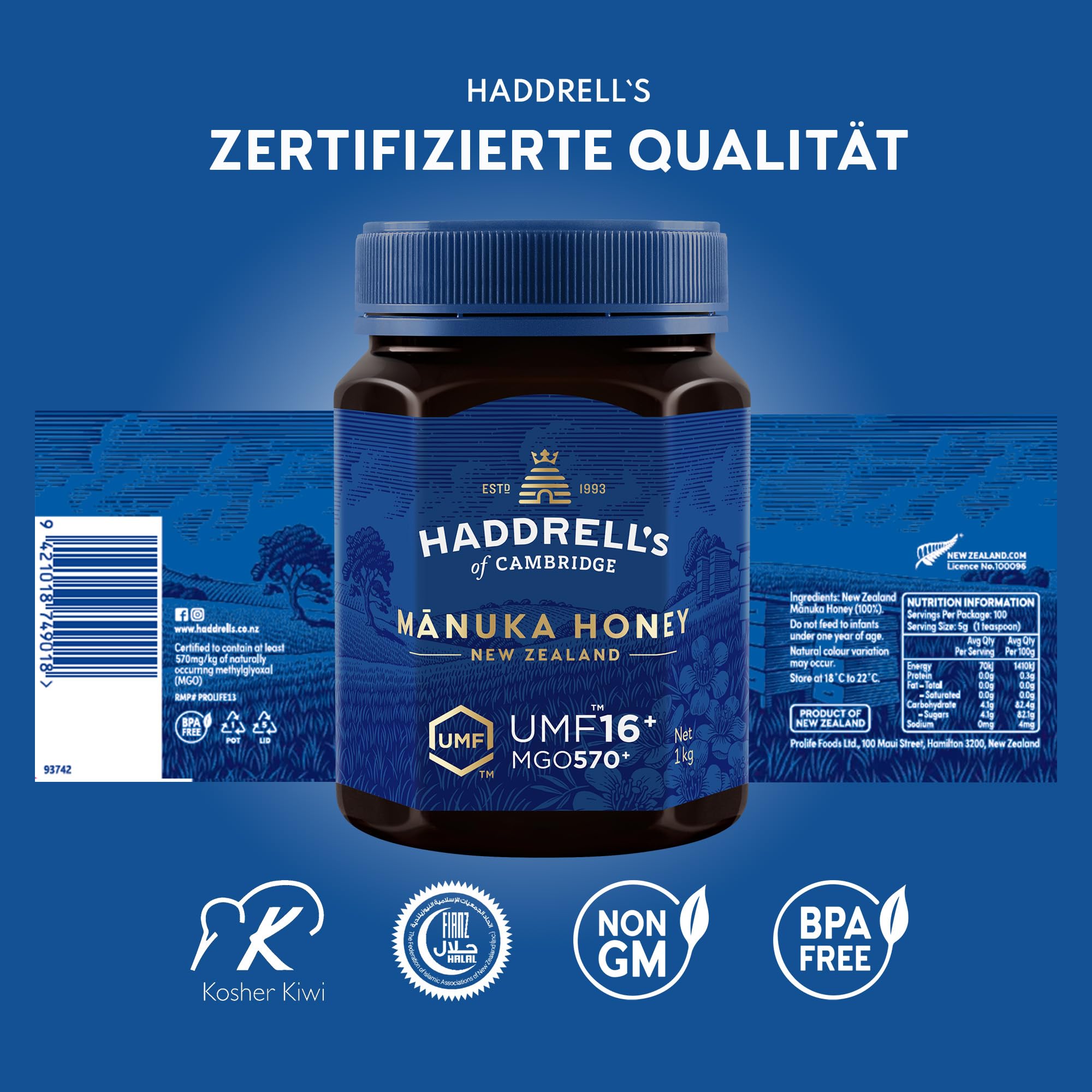 Haddrell's of Cambridge Manuka Honig 550+ MGO (UMF 16+) 1KG | roh und mit hohem MGO-Gehalt | Honig in Premium-Qualität, für Frühstück, Tee, Vorrat und Geschenkideen