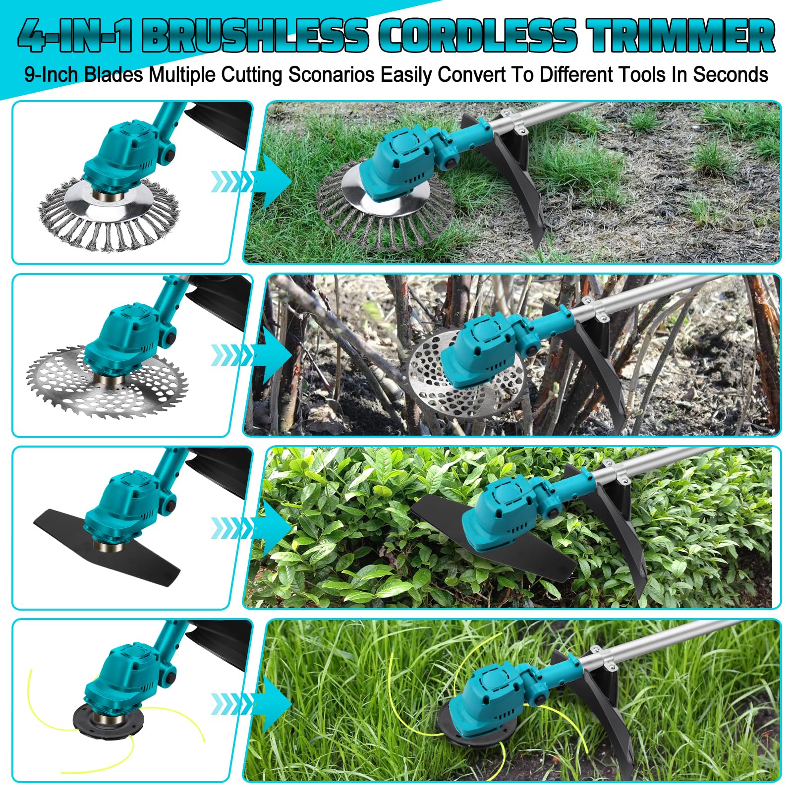 Desbrozadora compatible con Makita 18 V, con cepillo desmalezador y cuchilla