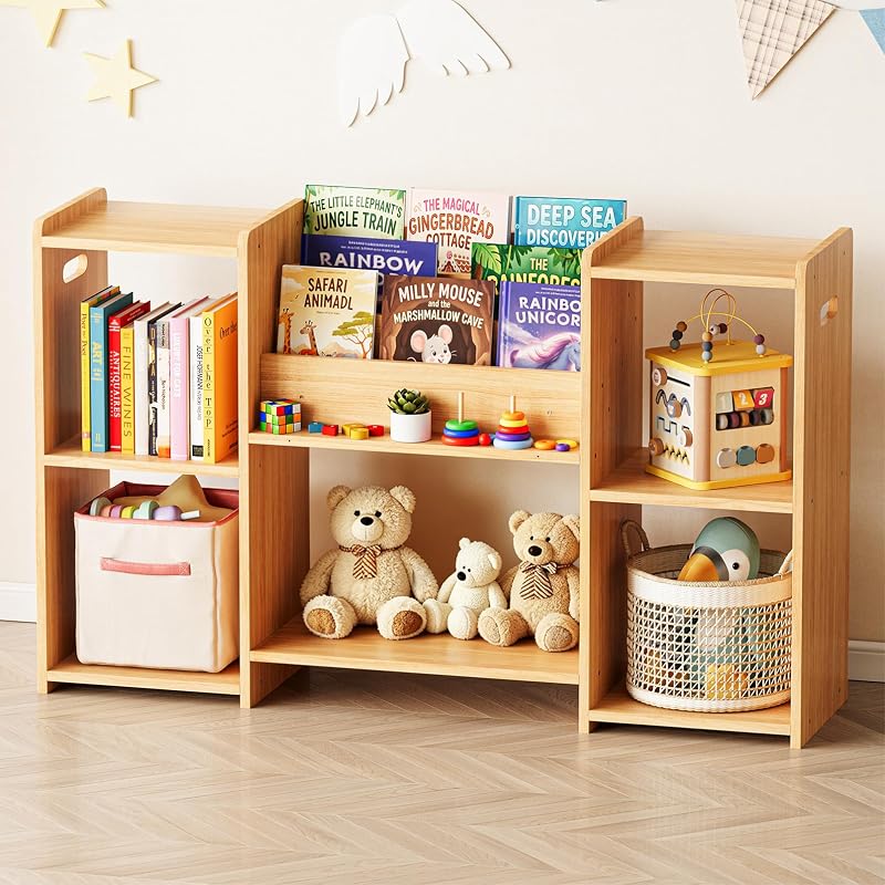 SpaceAid Estantería organizadora de almacenamiento 6 en 1, estantería Montessori para niños pequeños, estantería de madera para libros, muebles para habitaciones de niños, sala de juegos, guardería y aula, 45,6 pulgadas de ancho, natural