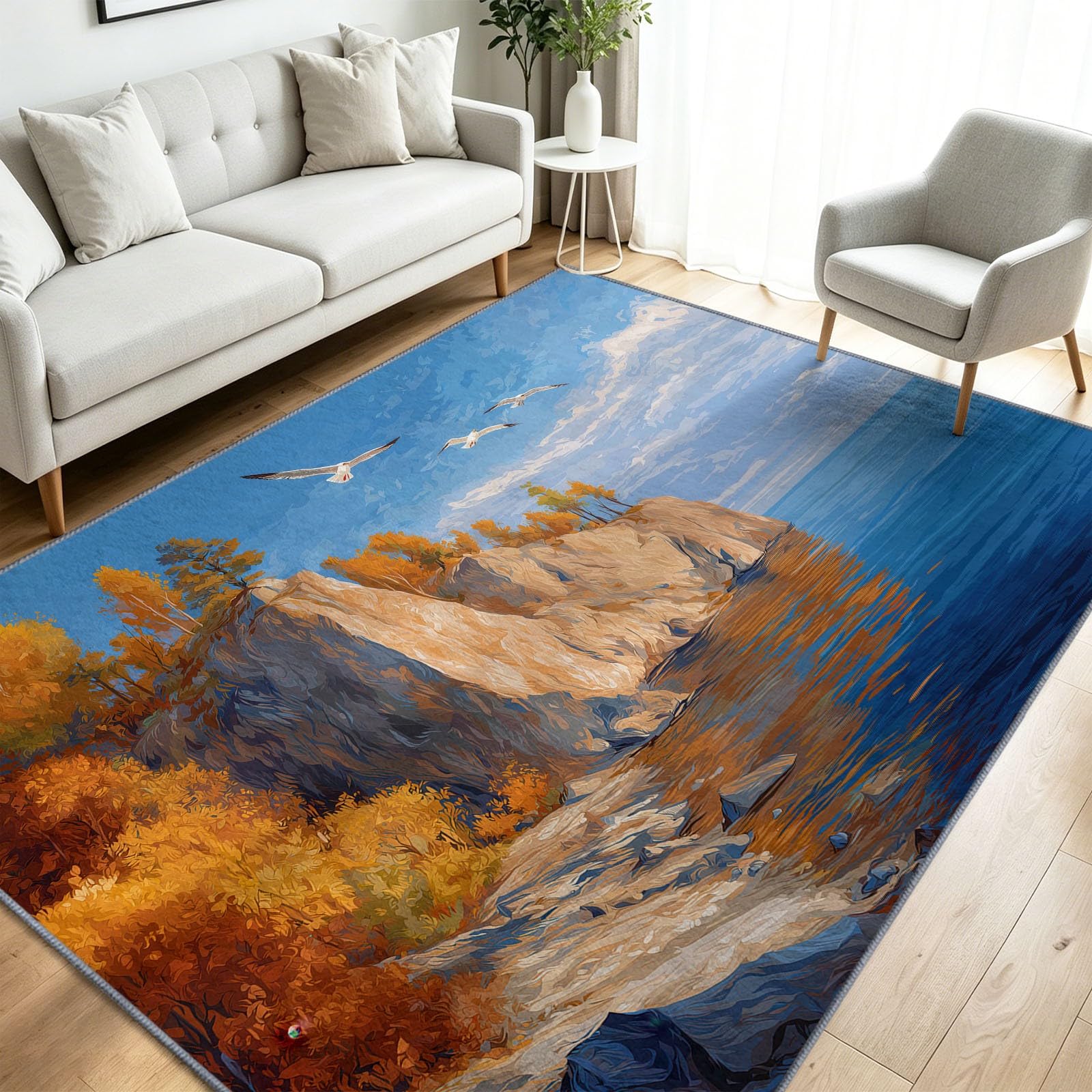 Tappeto lavabile per soggiorno con paesaggio naturale, 240 x 300 cm, grande tappeto per interni a pelo basso scogliera con foglie autunnali, antiscivolo, super morbido, per camera da letto, sala da