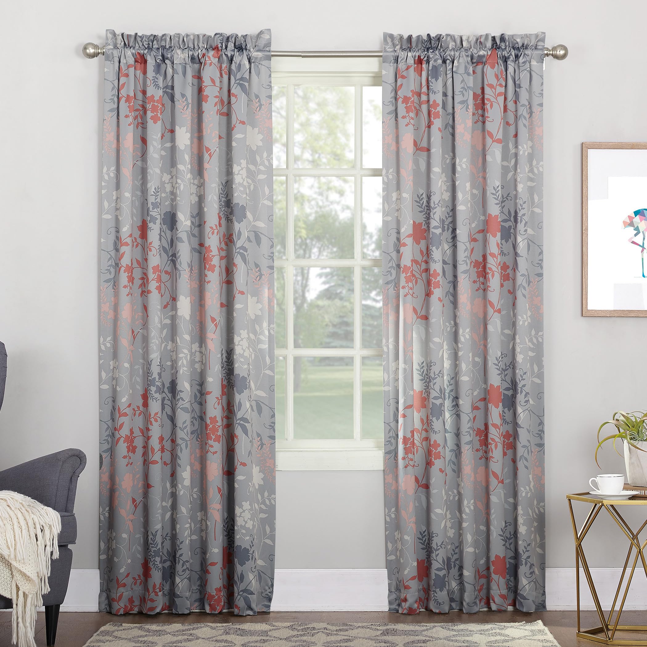 Sun Zero Kara Floral Print Energy Efficient Rod Pocket Curtain Panel, 54" x 95", Gray