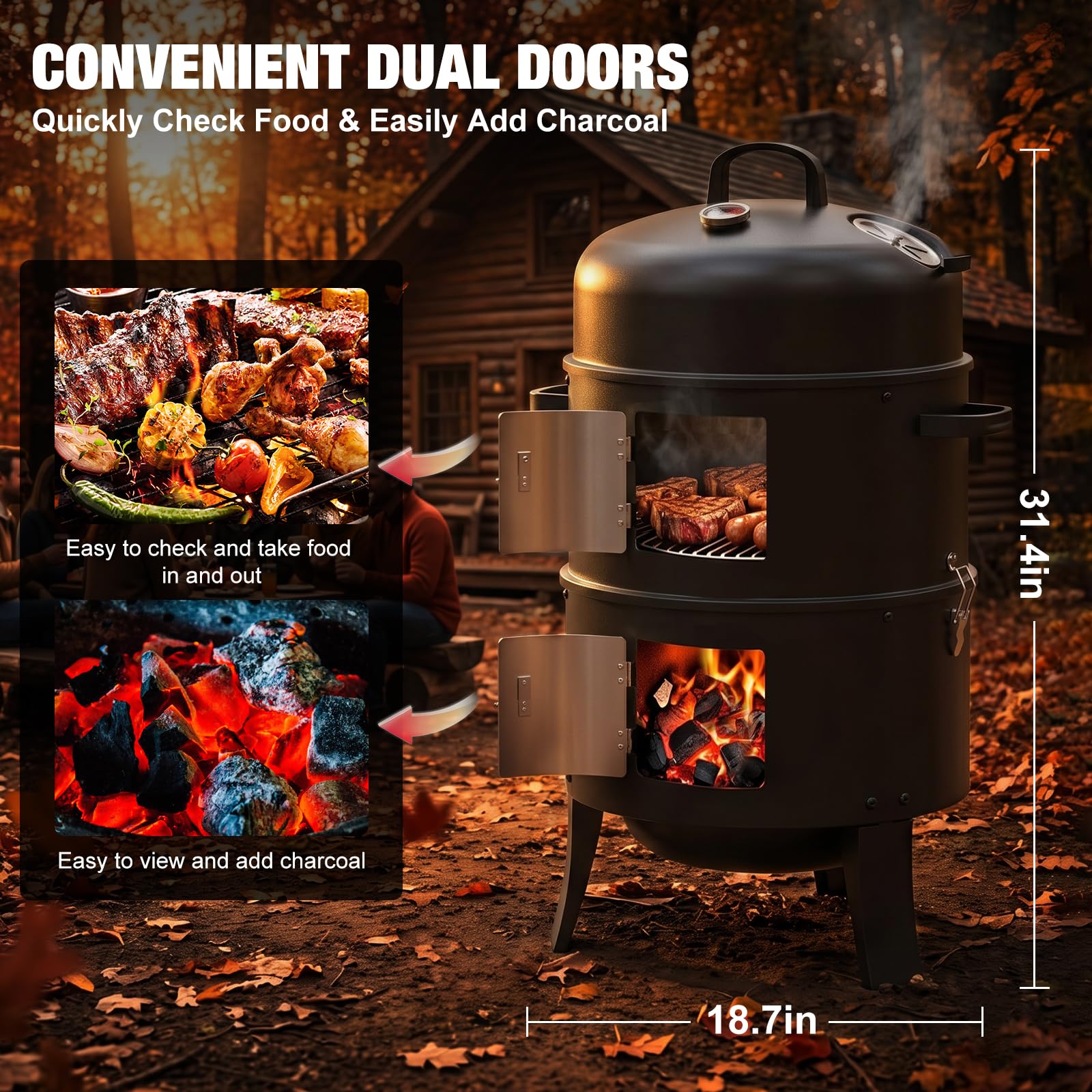 Ahumador de carbón de 16 pulgadas, parrilla vertical para barbacoa, hoguera al aire libre de 402 pulgadas cuadradas, área de cocción, parrilla versátil para ahumar al aire libre, color negro