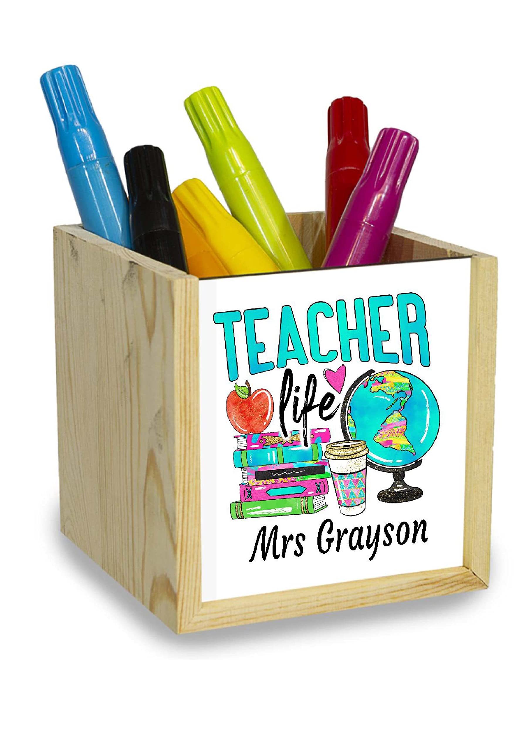 TM THREADS Personalised Teacher Pen Pot, Wooden Pen Pot, Custom Teacher Pencil Pot, TA Gift, Teacher Thank You Present, Teacher Life Desk Tidy