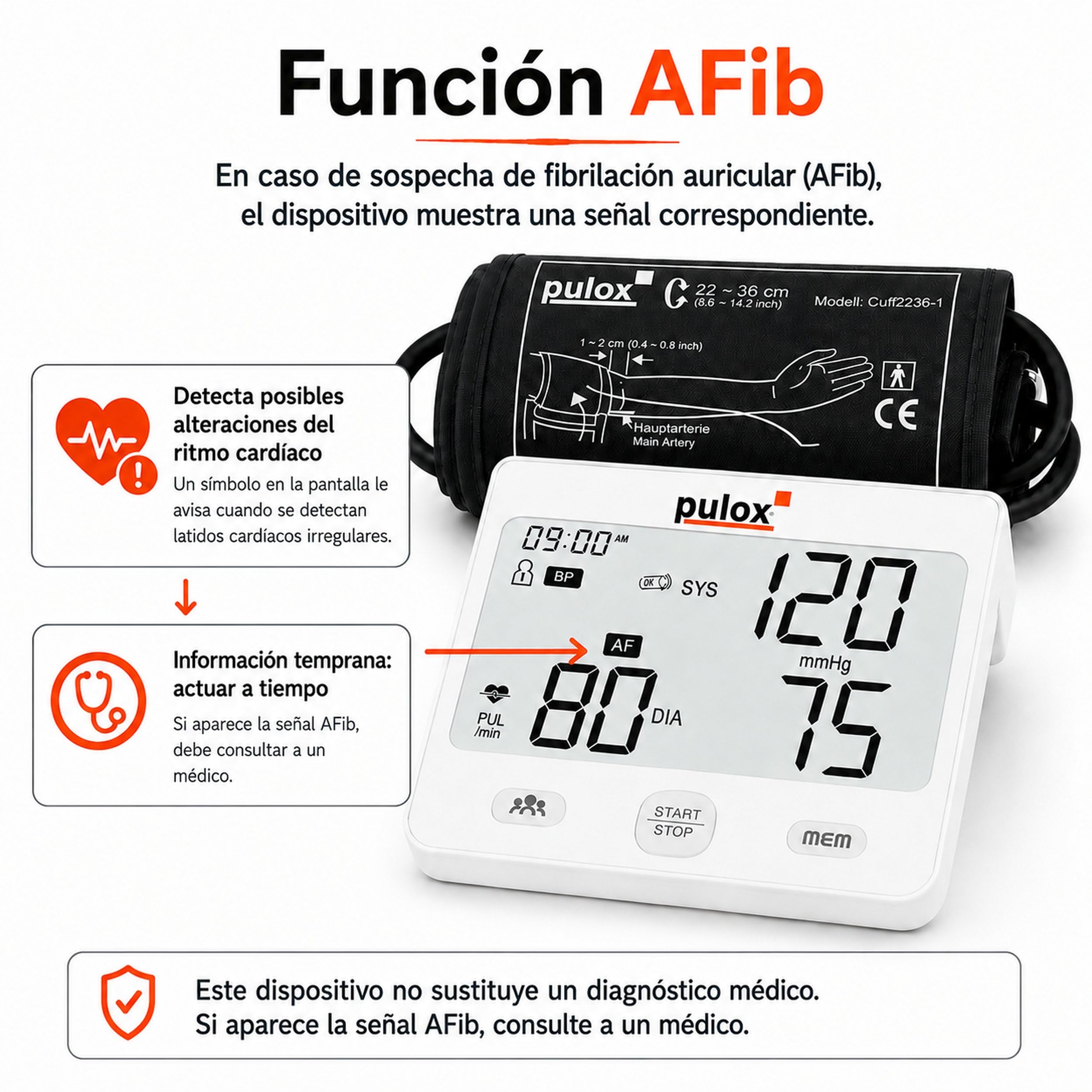 Pulox BP-200 - Tensiómetro automático con detección AFib en caso de arritmias cardíacas y fibrilación auricular
