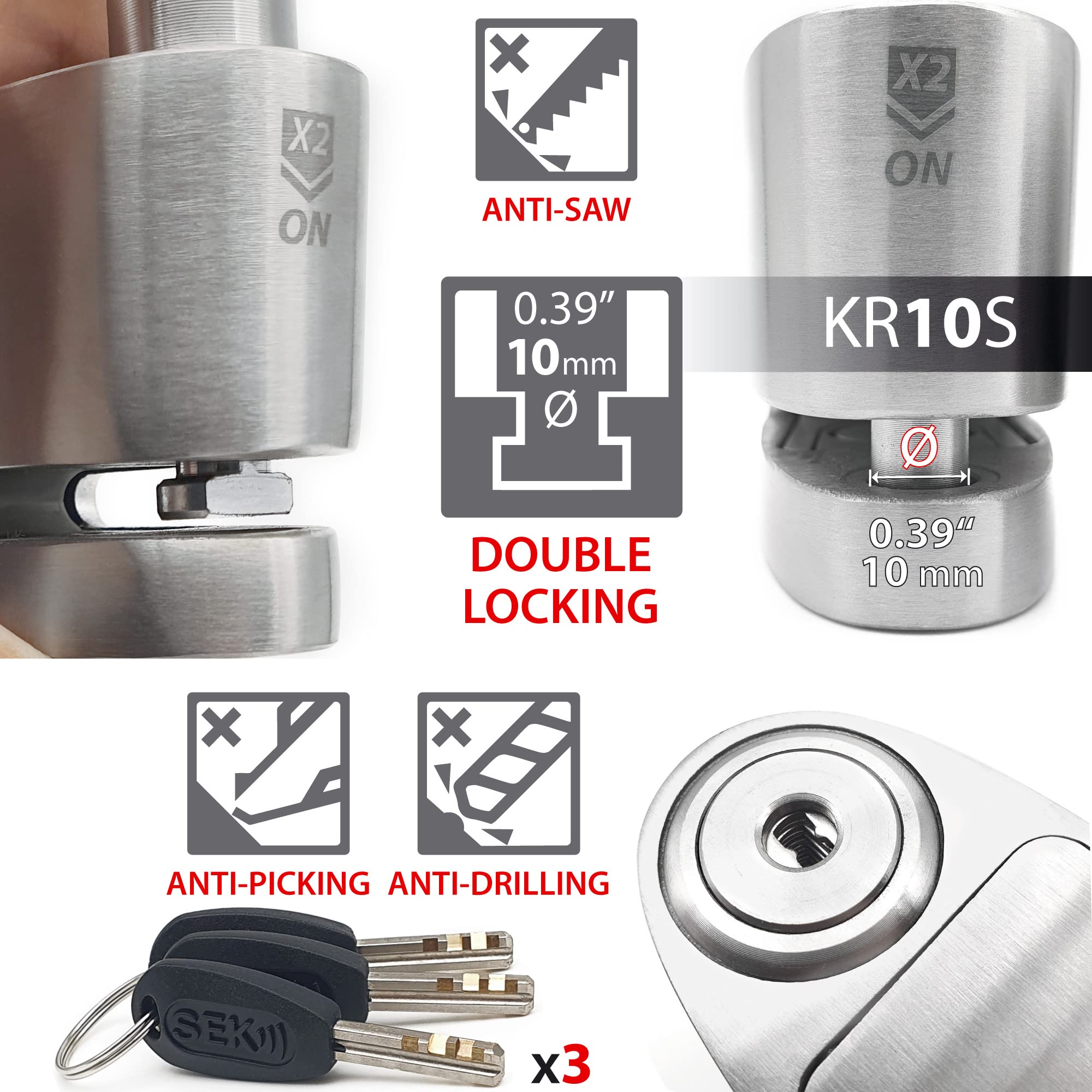 KRASER KR10S Blocaddisco Moto con Allarme 120dB, Doppia Chiusura ø10mm, Omologato SRA, Serratura Alta Sicurezza Antistrappo, Impermeabile, Filo Promemoria, Lucchetto Antifurto per Moto Blocca Disco