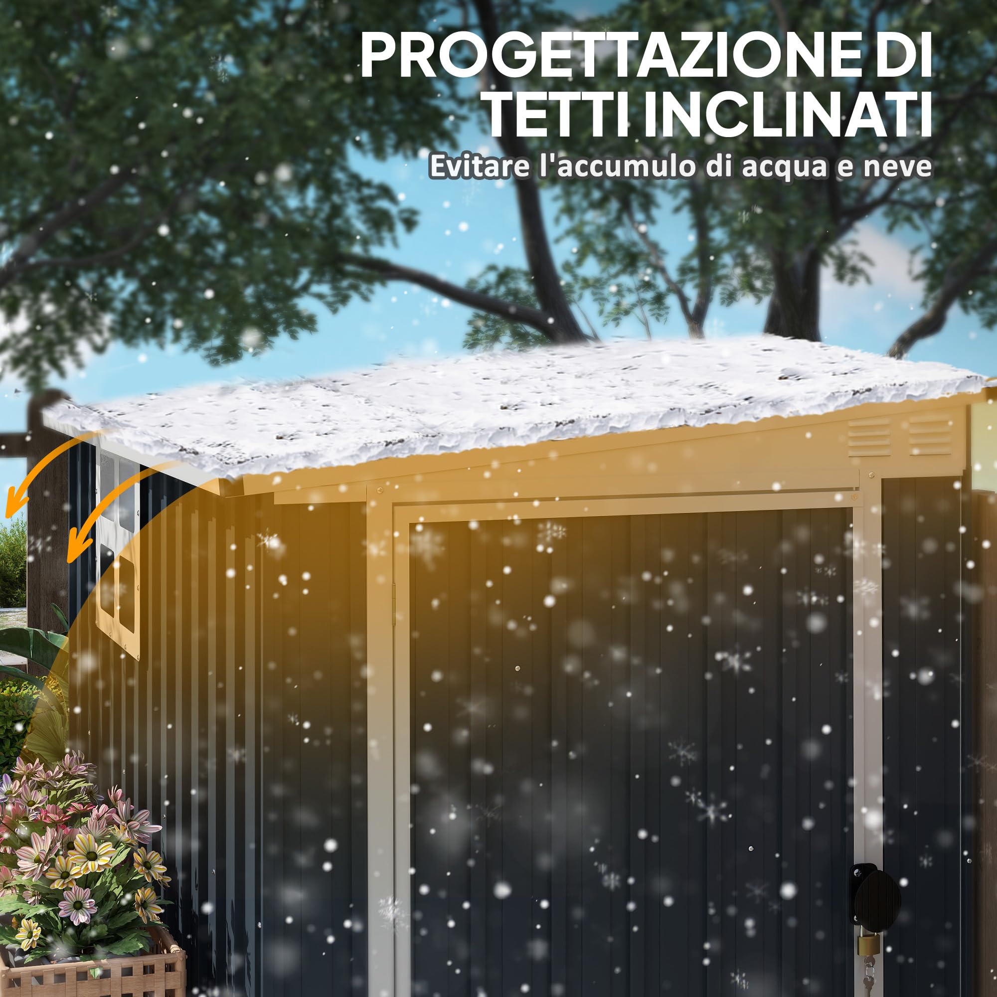 Outsunny Casetta da Giardino 2.6m² in Acciaio Zincato con 2 Prese d'Aria e Finestra Trasparenti, Capanno Porta Attrezzi con Tetto Inclinato, Porta Bloccabile, Impermeabile e Anti UV, Grigio Scuro