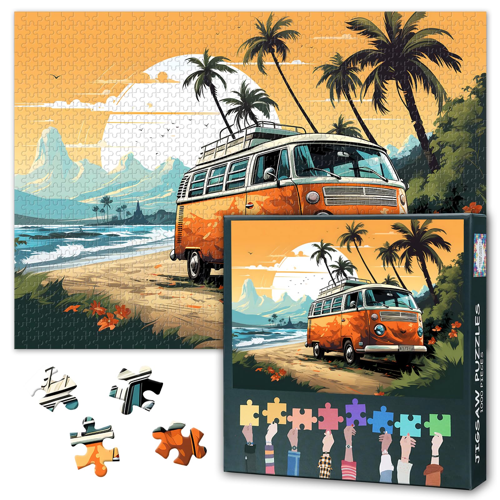 ‌1000 Piece Jigsaw Puzzle for Adults Vintage Car Beach Art with Ocean Drive Landscape Meditative Challenge & Coastal Automotive Therapy for Stress Relief 27.5x19.7 Inch‌