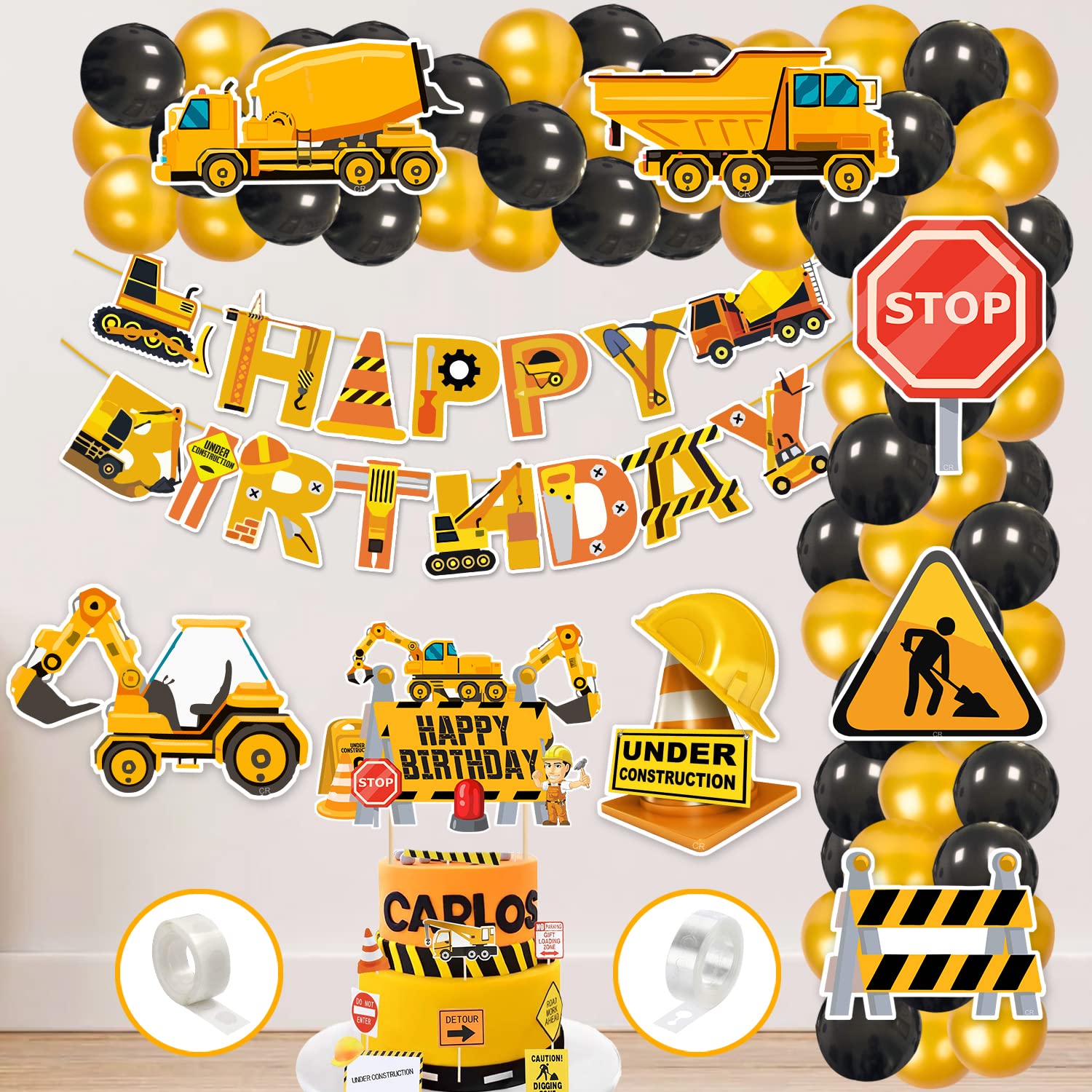 Zyozique Under Construction Theme Balloon arc decoration,Under Construction Theme Birthday for Boys with Happy Birthday Paper Banner Cake Toppers Balloons Birthday Decoration Kit (Pack of 61)-image-16