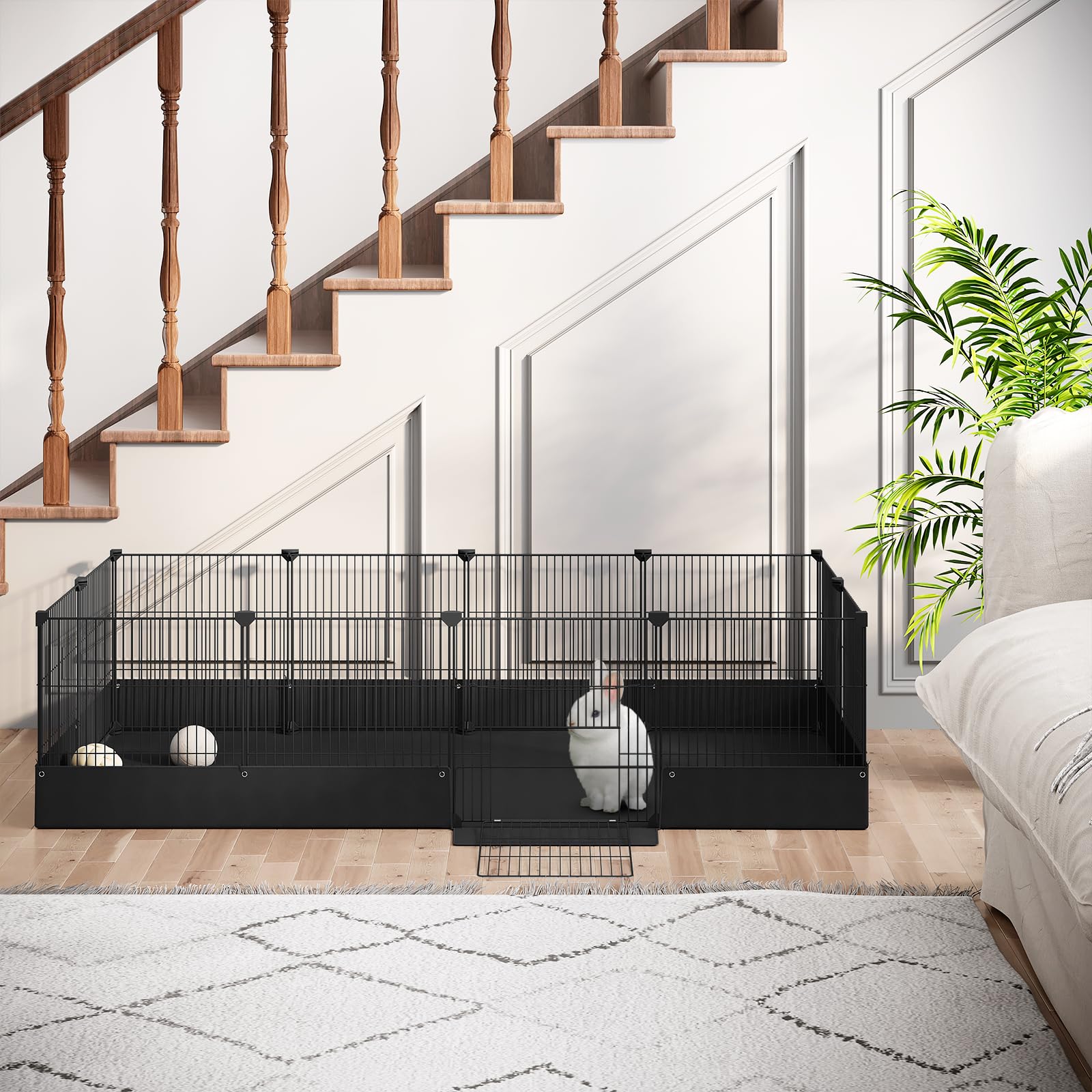 EUGAD Enclos pour Lapin Intérieur, Parc pour Petits Animaux avec Tapis de Fond et Porte, Modulable Enclos Lapin, Cage en Métal Grillagé pour Cochon d'Inde pour Cavia, Hamsters Noir 140x71x37cm