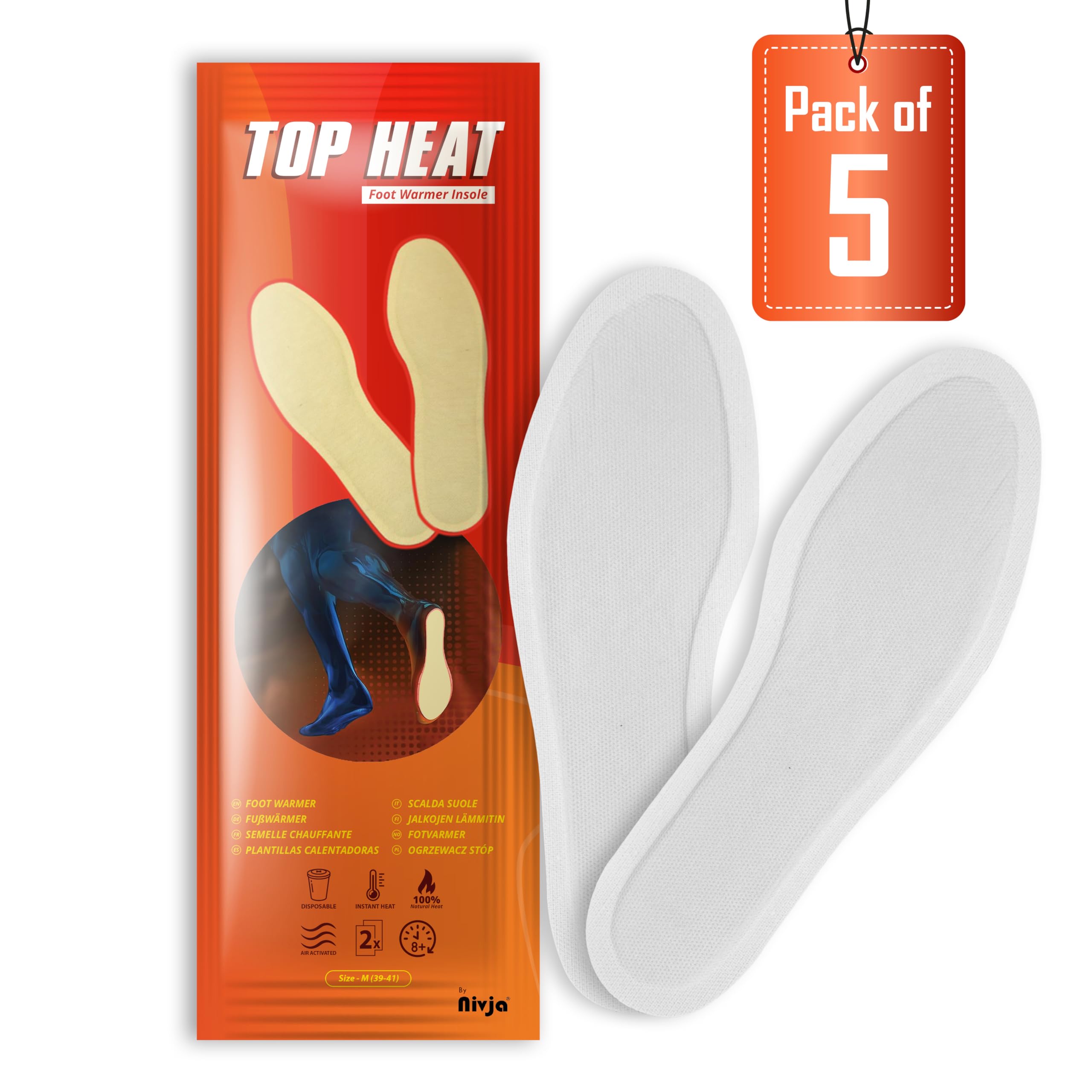 Top Heat Foot Warmers – 5 Pairs - 8 Hours Warm Foot - Air Activated - Instan - 100% Natural Heat - Medium (39-41)