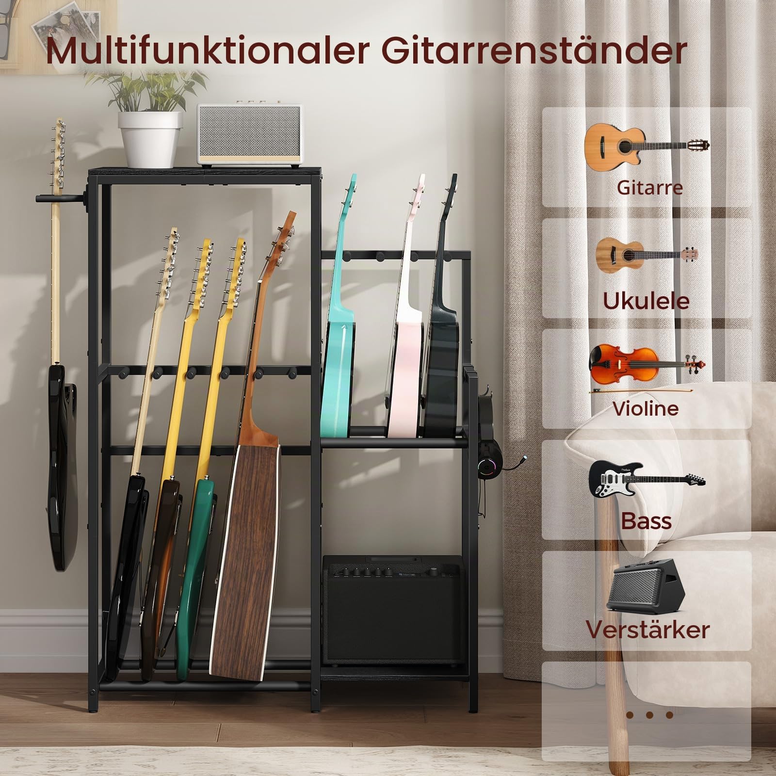 MAHANCRIS Gitarrenständer, Gitarrenhalter für 9 Gitarren, Akustik-, Elektro-, Bass-, Ukulele-, Banjo-, Plattenspieler-Präsentationsständer, EVA-Schaum umwickelt, für Musikstudio, Schwarz AGSHB8501