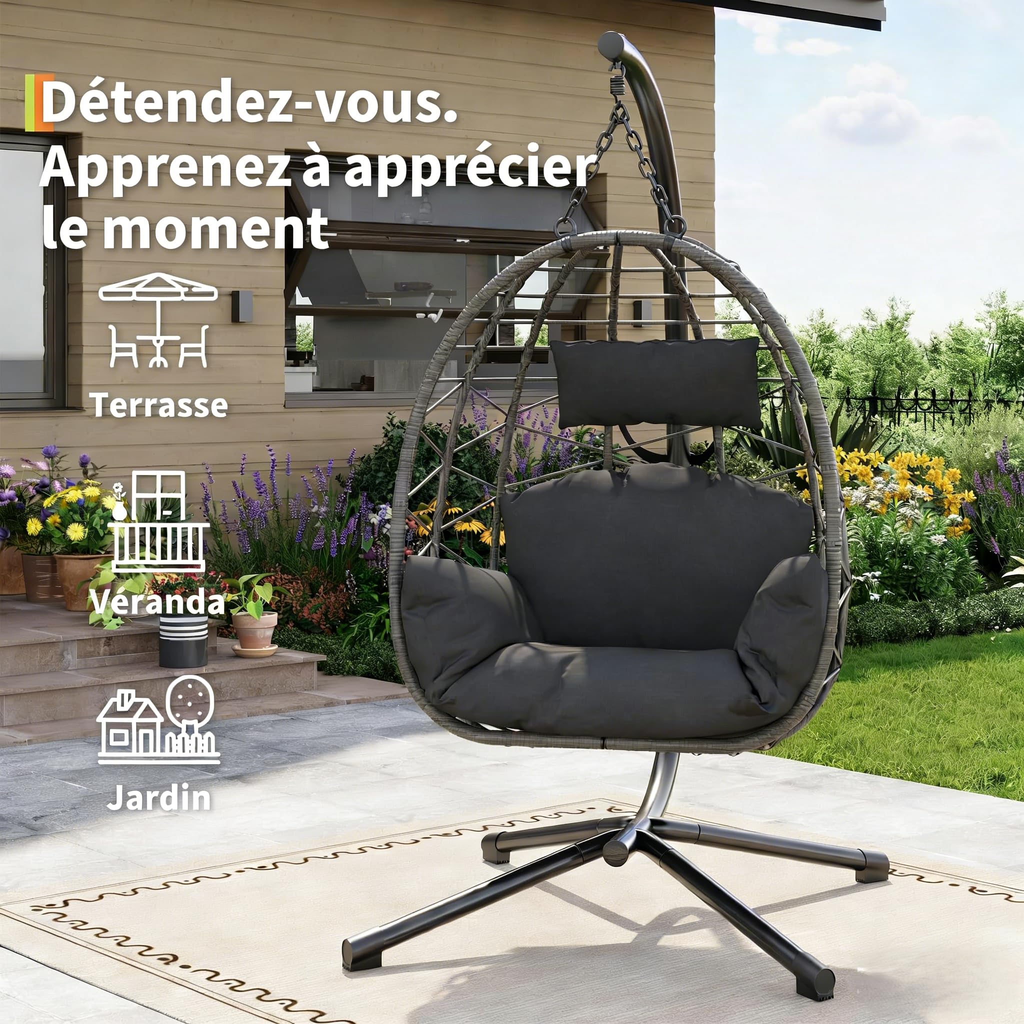 Fauteuil Suspendu Œuf en Rotin avec Support, Pliable & Hauteur Réglable – Housse Imperméable Incluse – Résistant aux Intempéries, Montage Ultra Facile – Idéal pour Jardin, Terrasse, Balcon et Intérieu