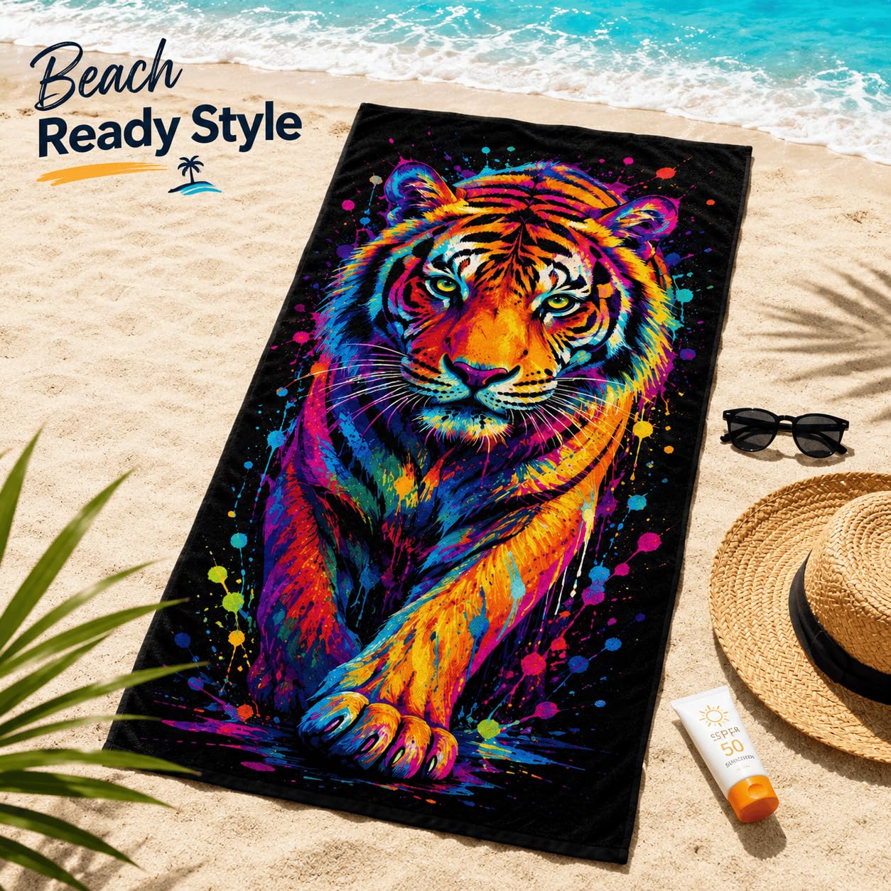 Telo Mare Microfibra Tigre Colorato Asciugatura Rapida | Asciugamano da Spiaggia Tigre Astratta, 145x200 cm, Assorbente, Accessori Mare, per Palestra Viaggio