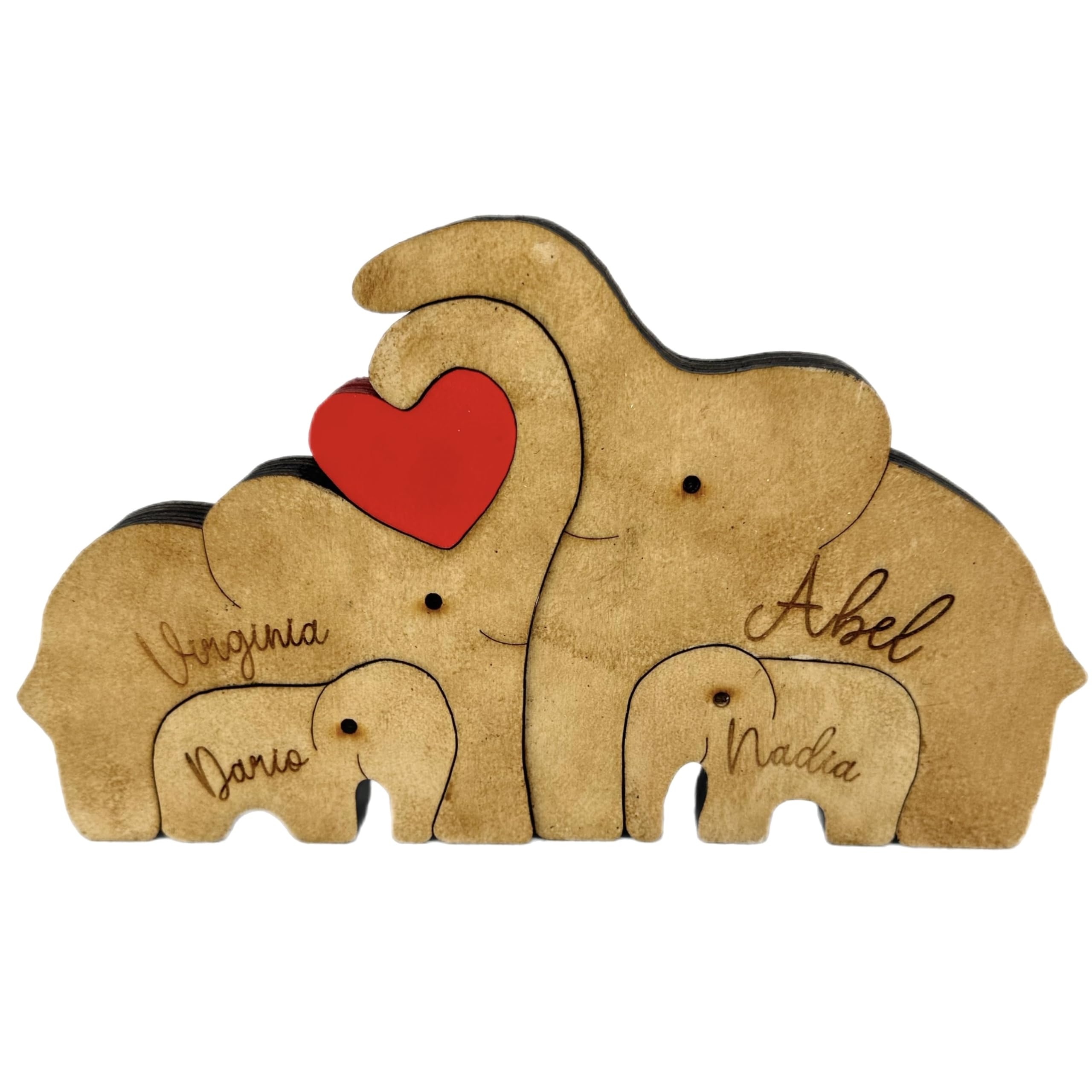 Elefantes de madera personalizados. Figura de decoración familia de elefantes con los nombres de tu familia. Regalo original decorativo (4 personas)